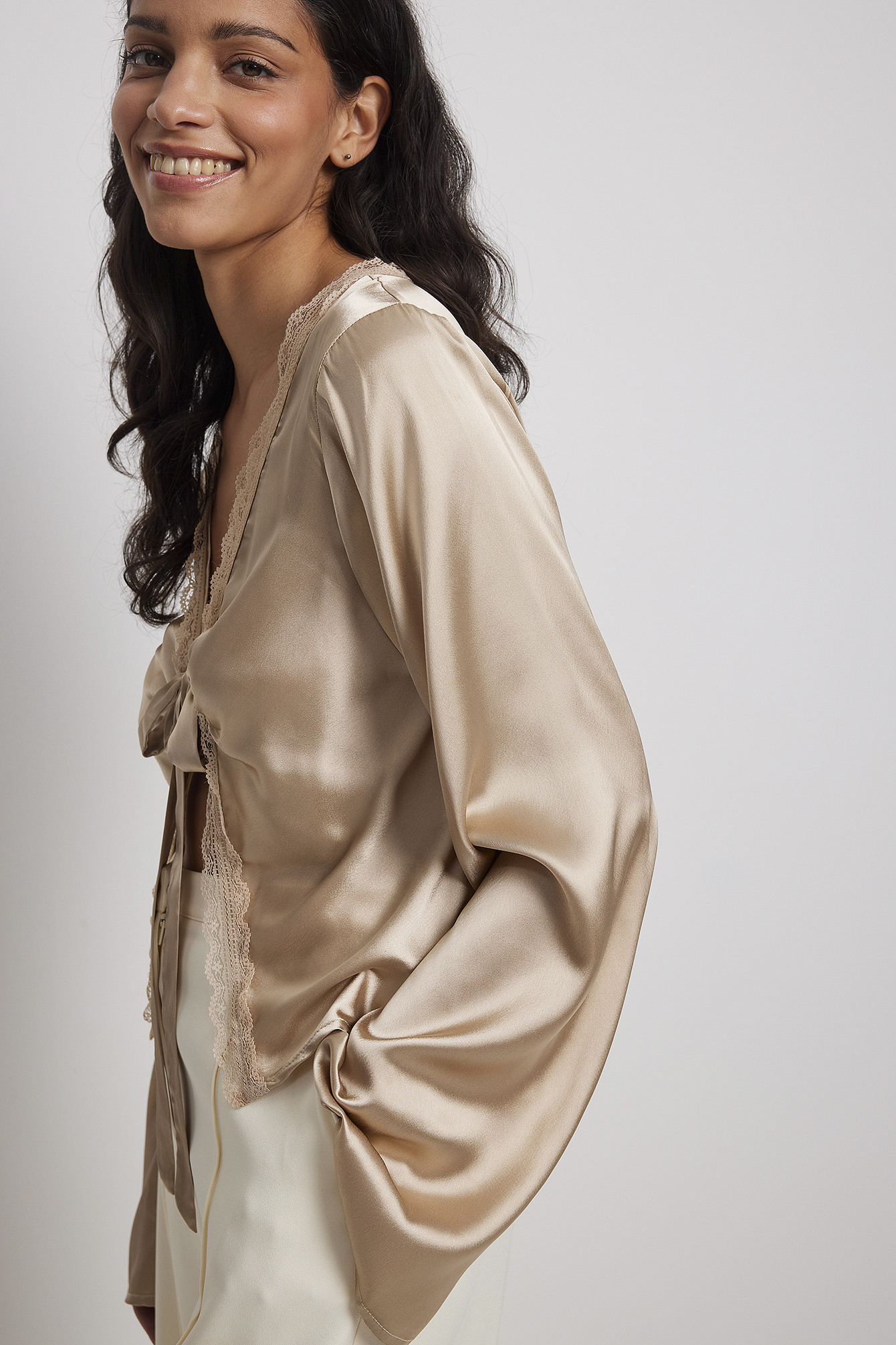Lace Detail Tie Front Blouse Beige NAKD