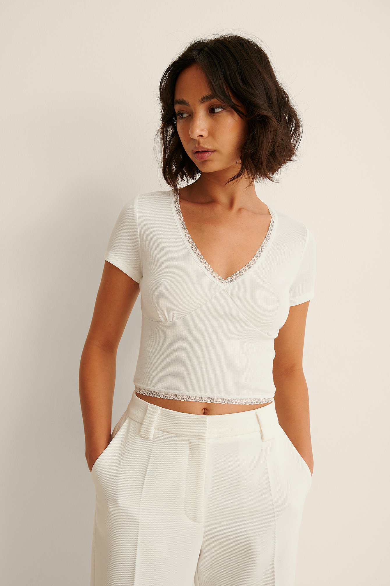 Offwhite Recycled Lace Detail Short Sleeve Top