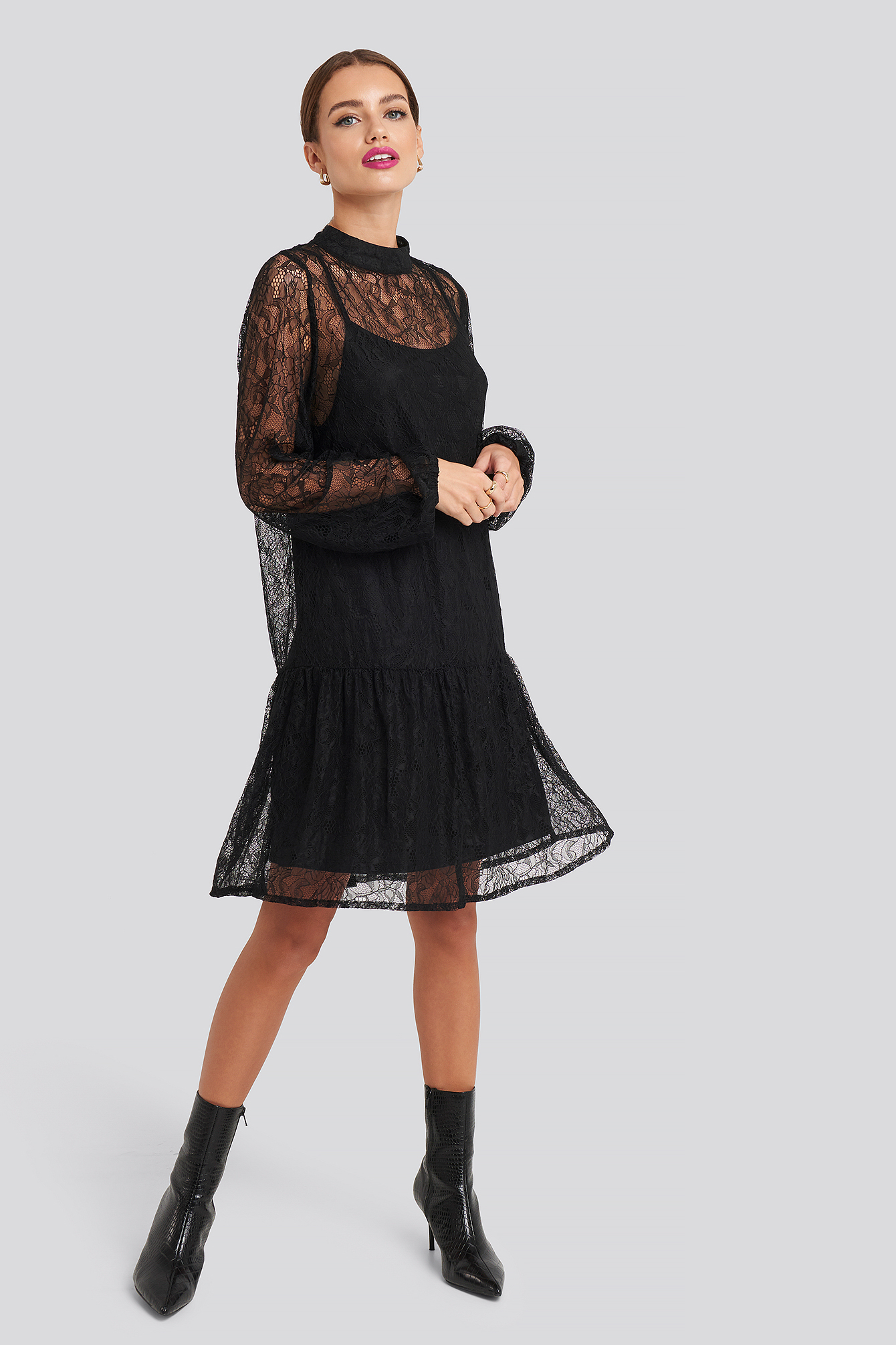 Lace High Neck Balloon Sleeve Mini Dress Black