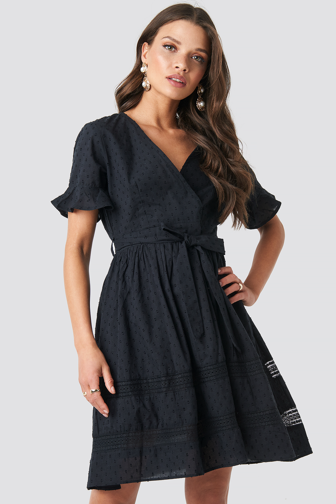 Lace Insert Cotton Mini Dress Black
