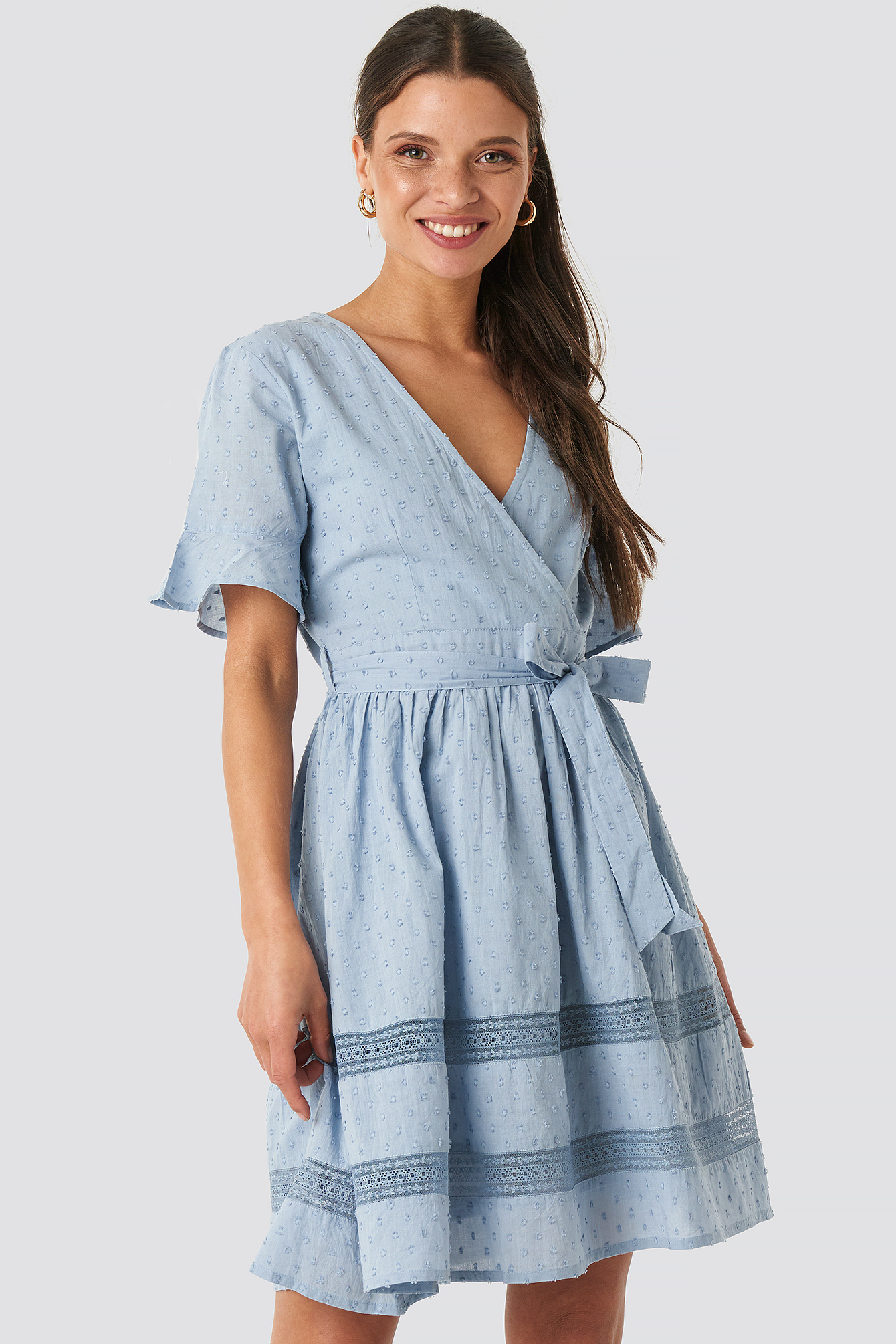 Lace Insert Cotton Mini Dress Dusty Blue