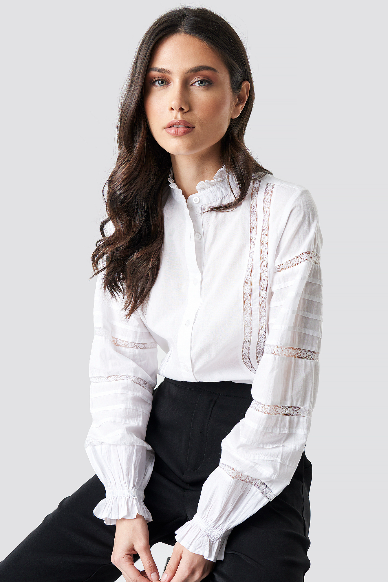 Lace Insert Volume Sleeve Shirt White
