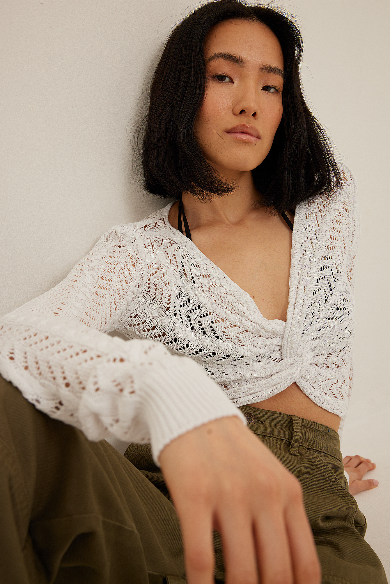 NA-KD Lace Knitted Wrap Detail Sweater - White