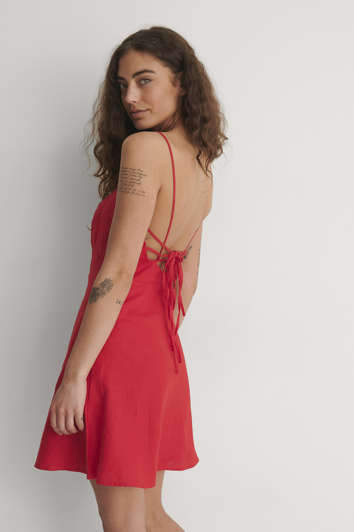 Lacing Back Linen Dress Red | NA-KD