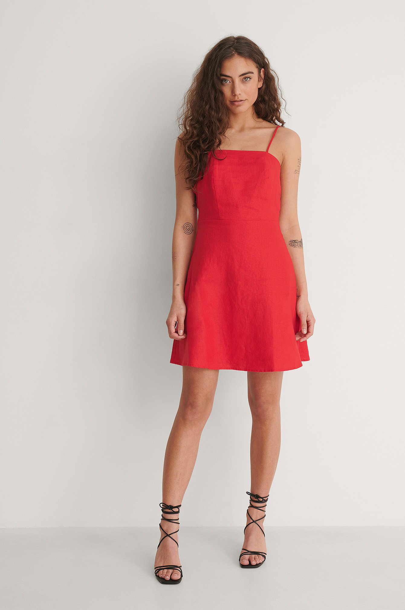 Red Lacing Back Linen Dress
