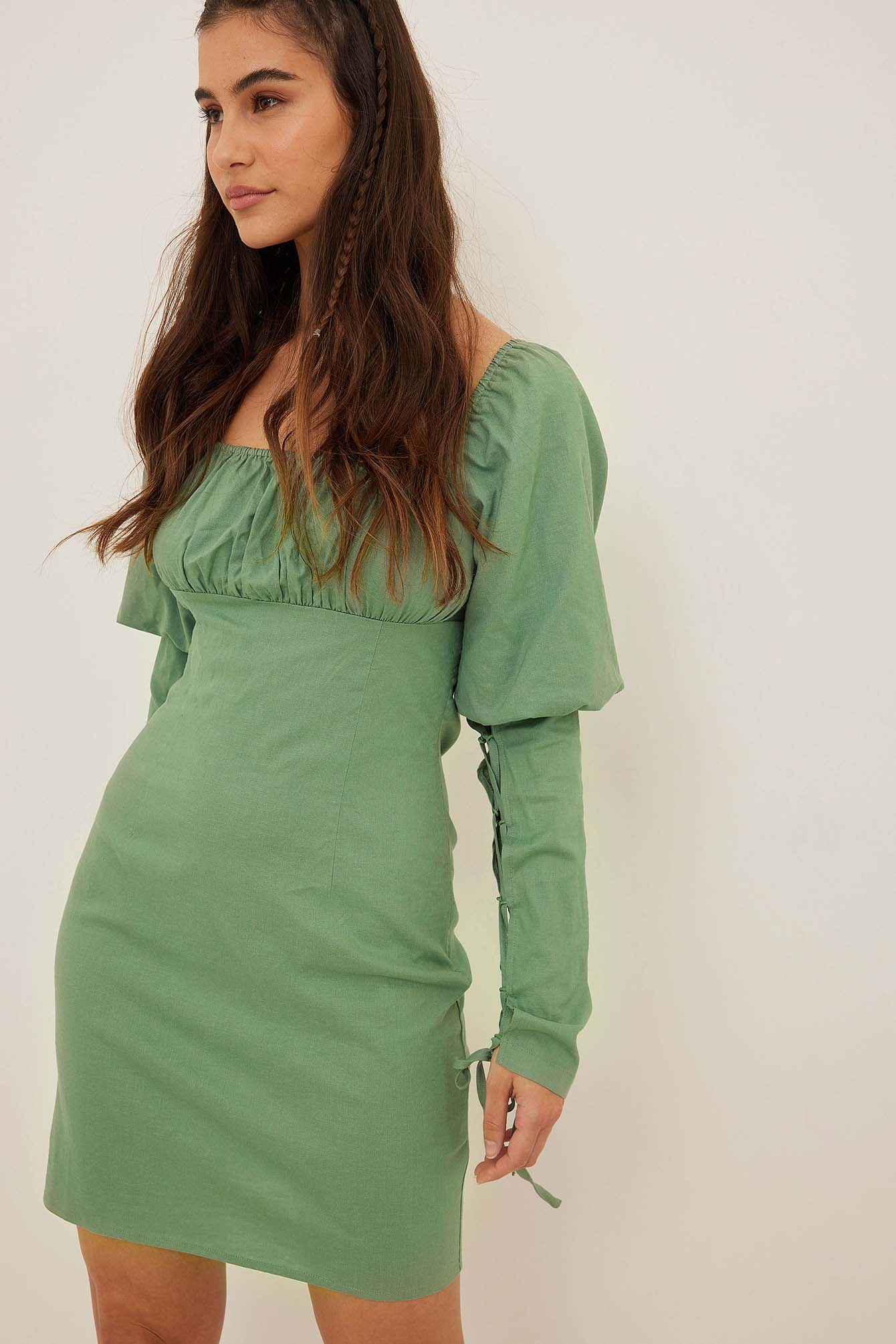 Dusty Green Lacing Detail Linen Dress