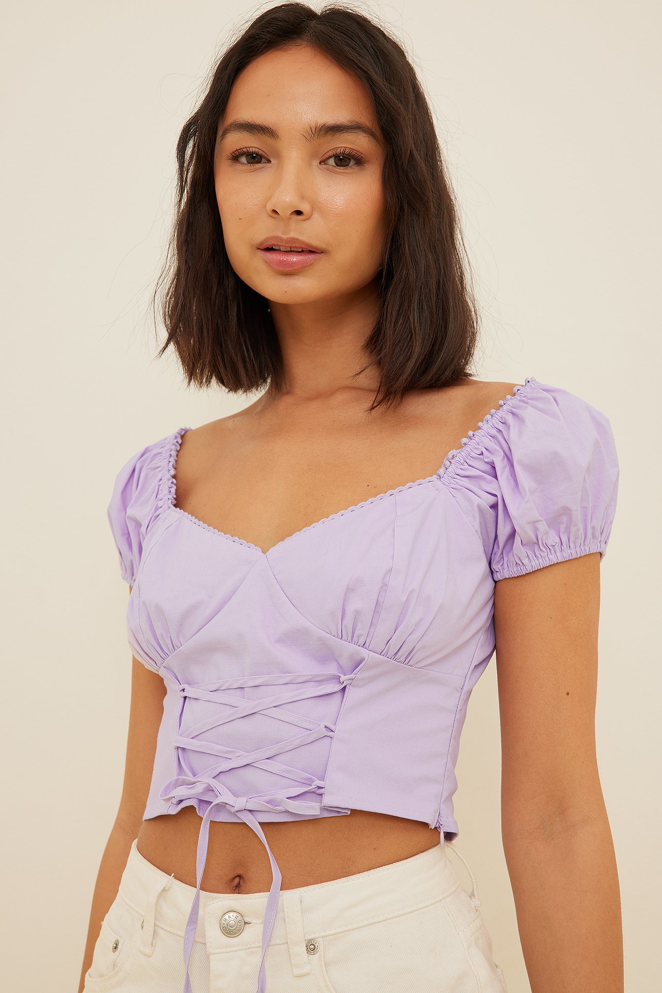 Dusty Lilac Lacing Detail Puffy Sleeve Top