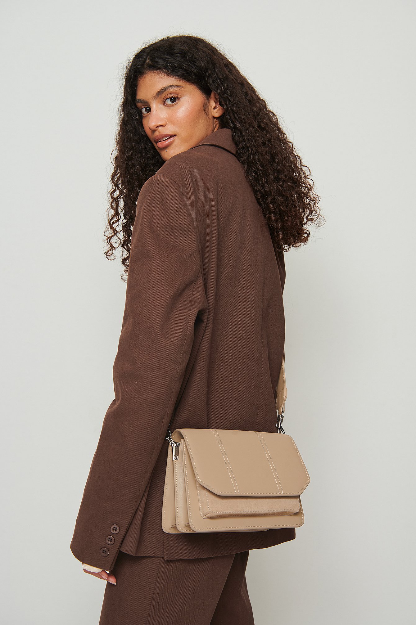 Taupe Leather Compartment Crossover Bag