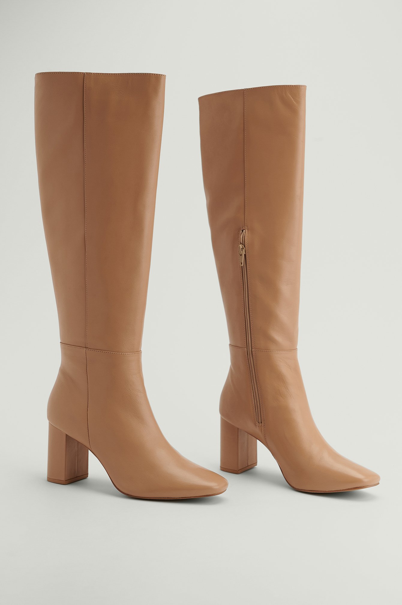 Beige Leather Knee High Boots