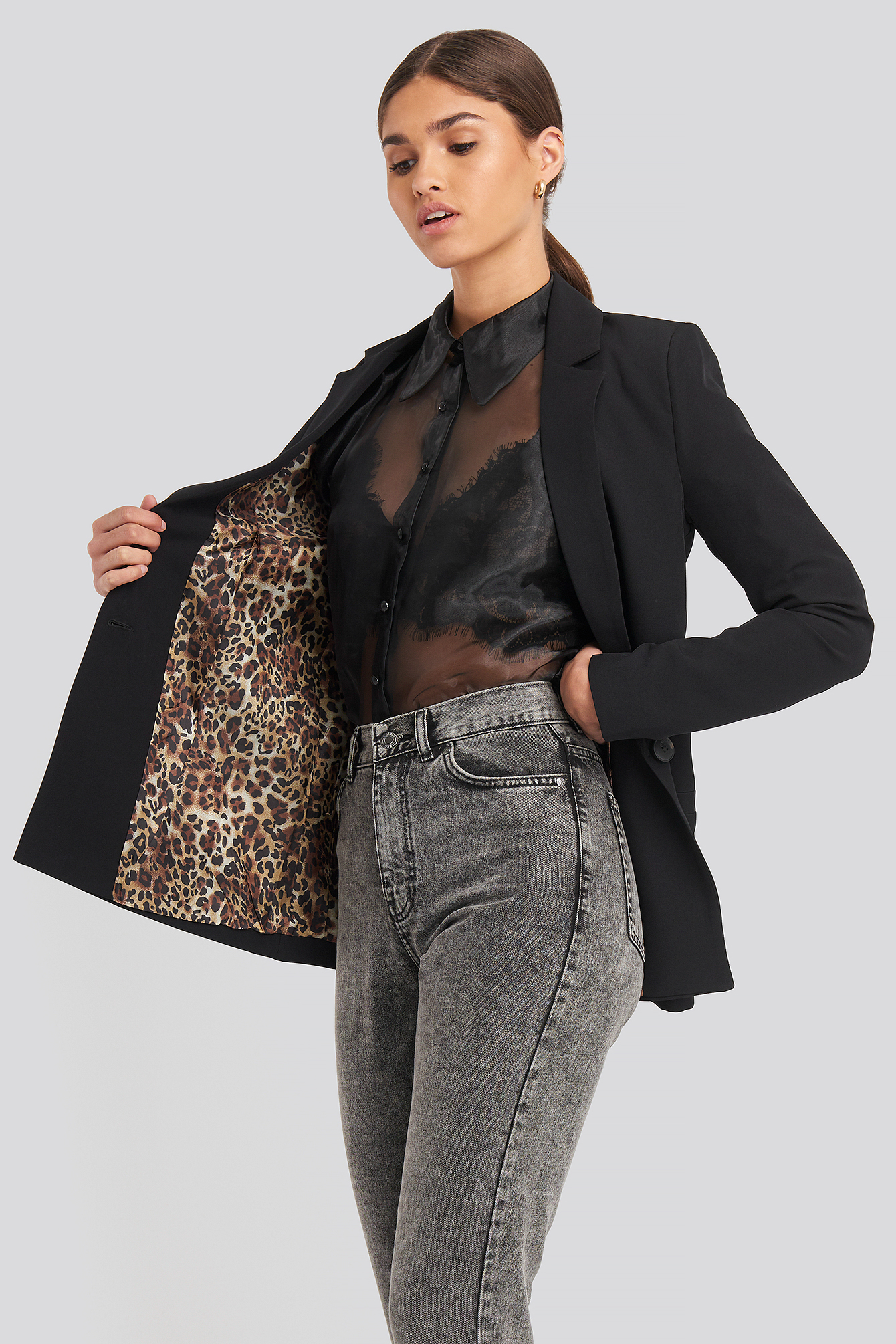 black coat with leopard lining