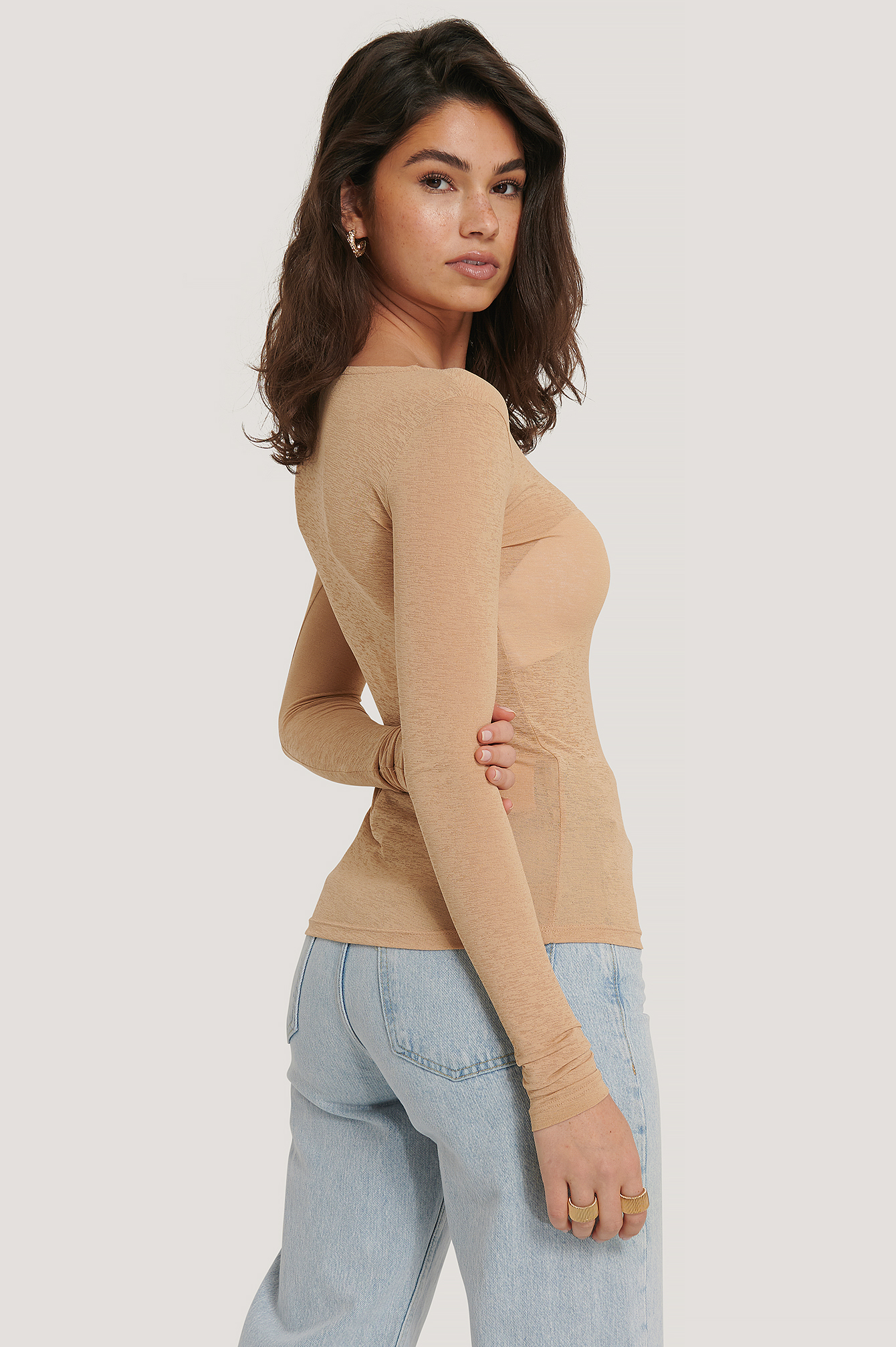 Light Button Up Long Sleeve Top Beige 