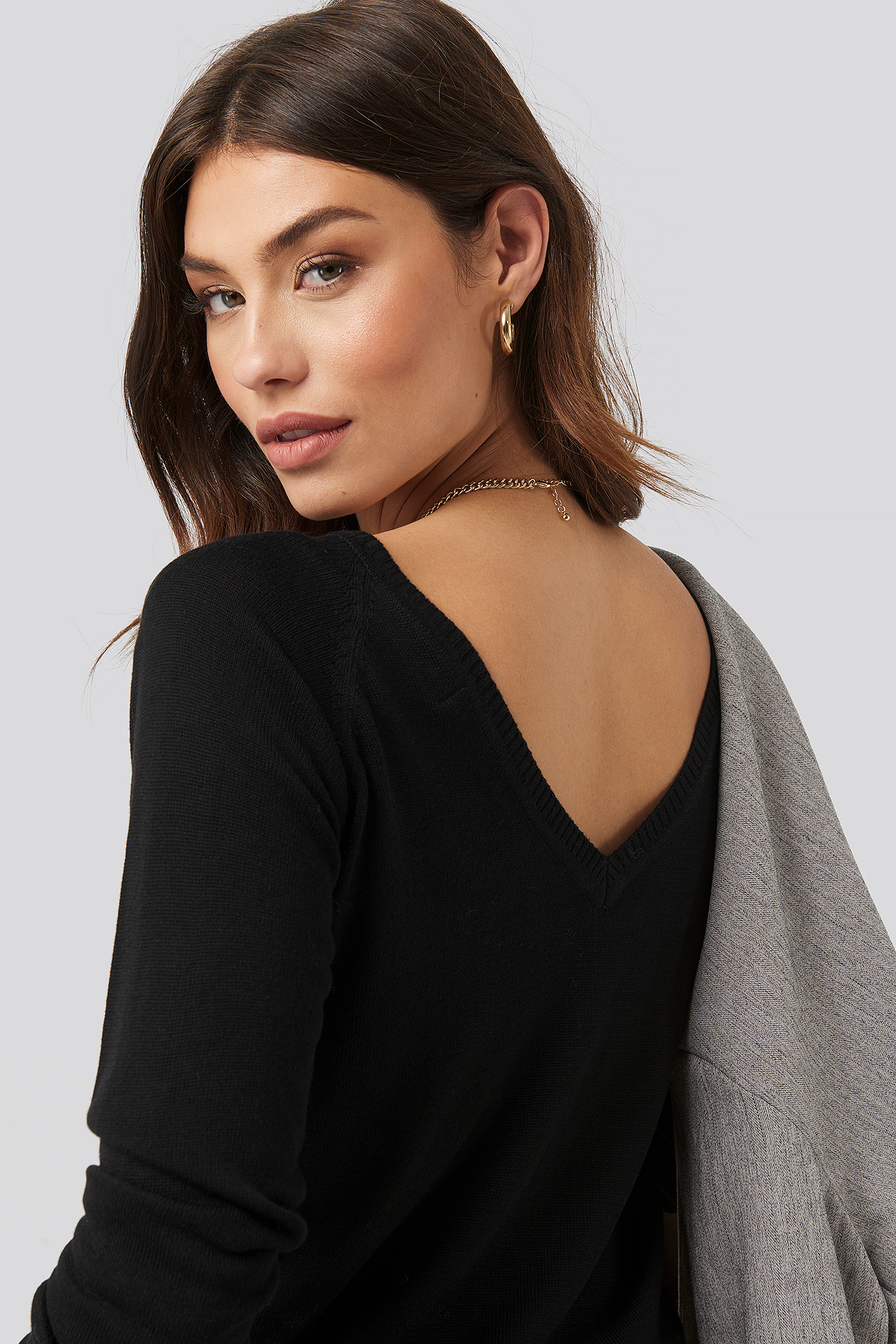 Light Knitted Back Vneck Sweater Black NAKD