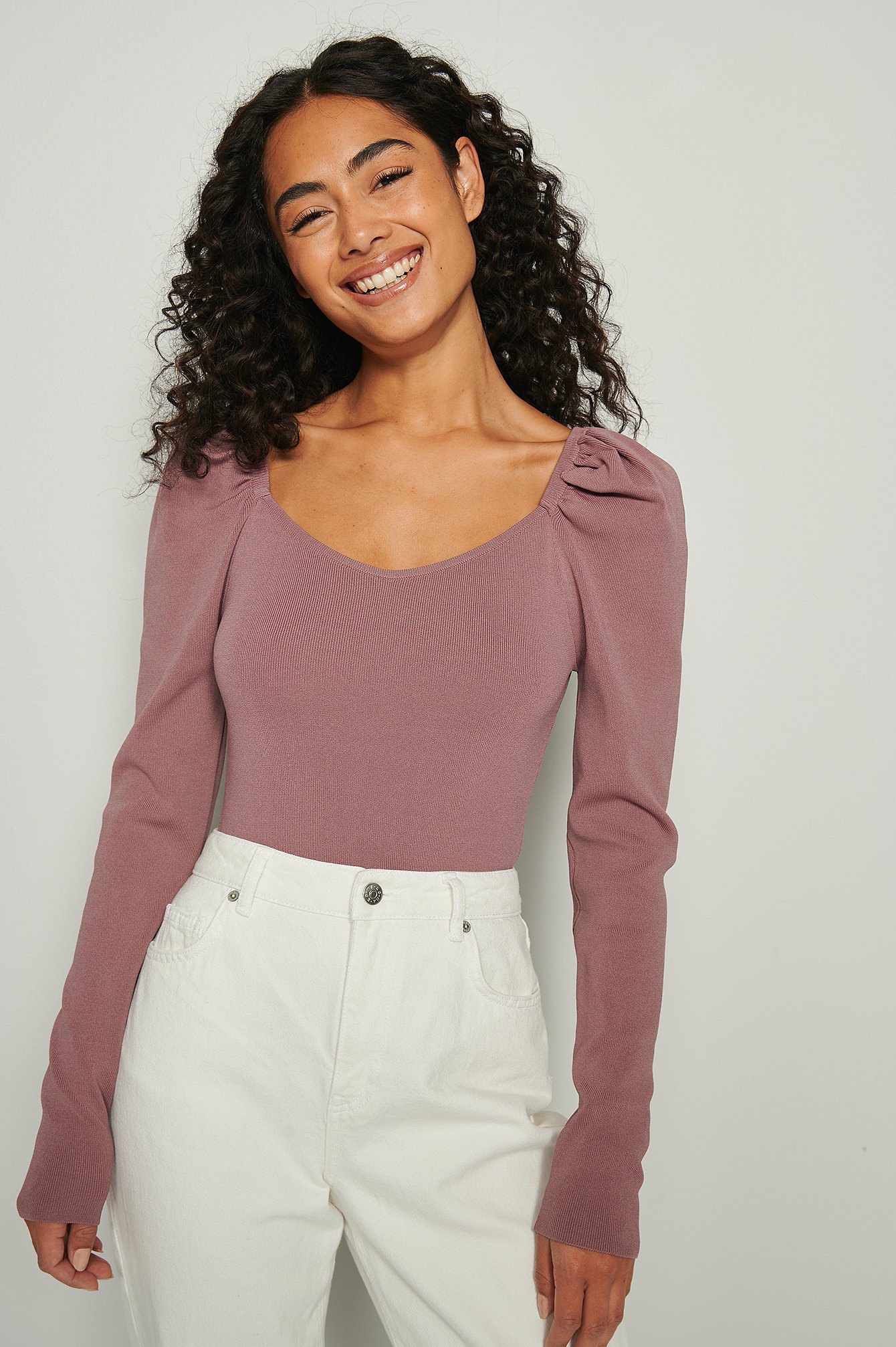 Mauve Light Knitted Puff Sleeve Sweater