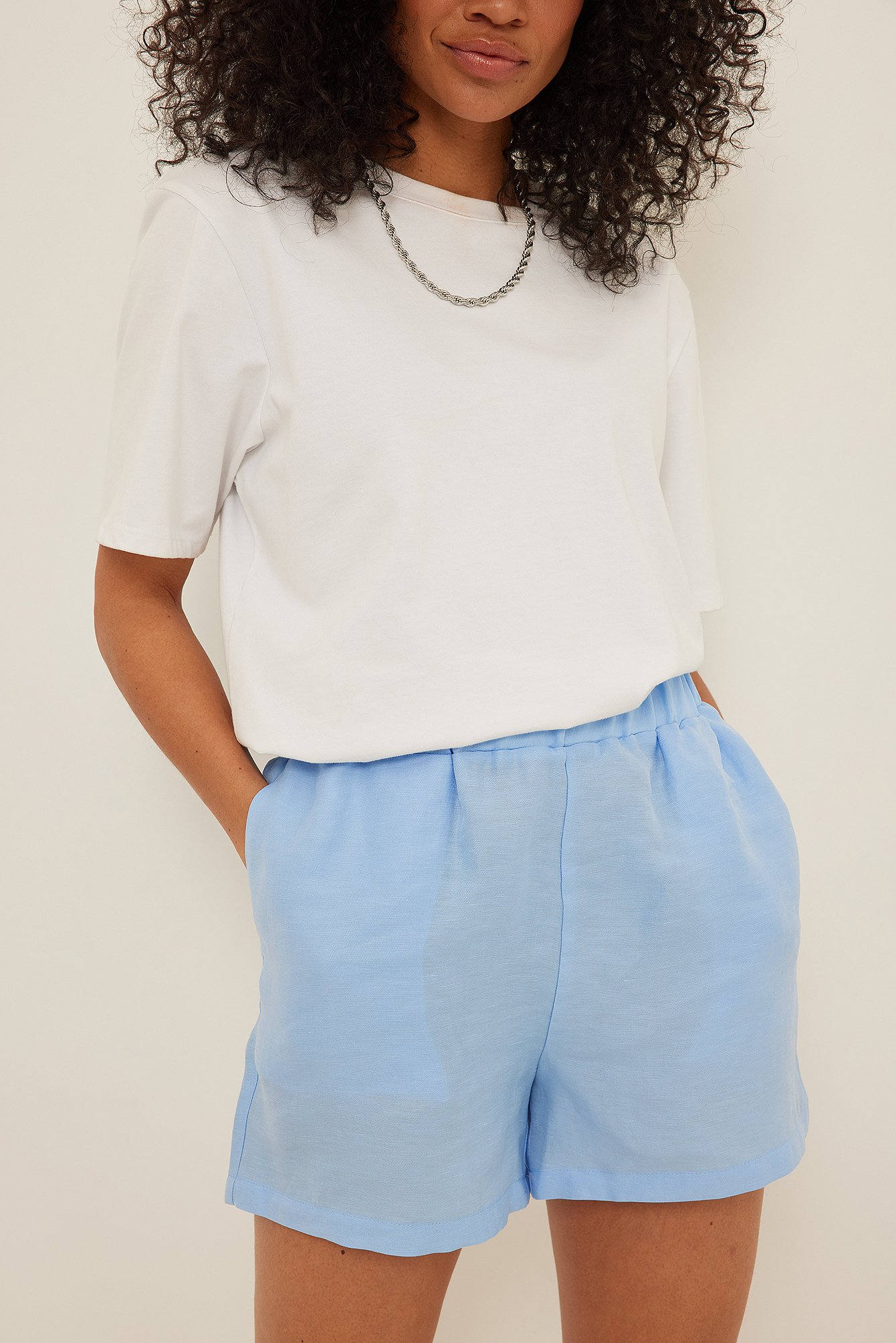 Blue Linen-blend Elastic Waist Shorts