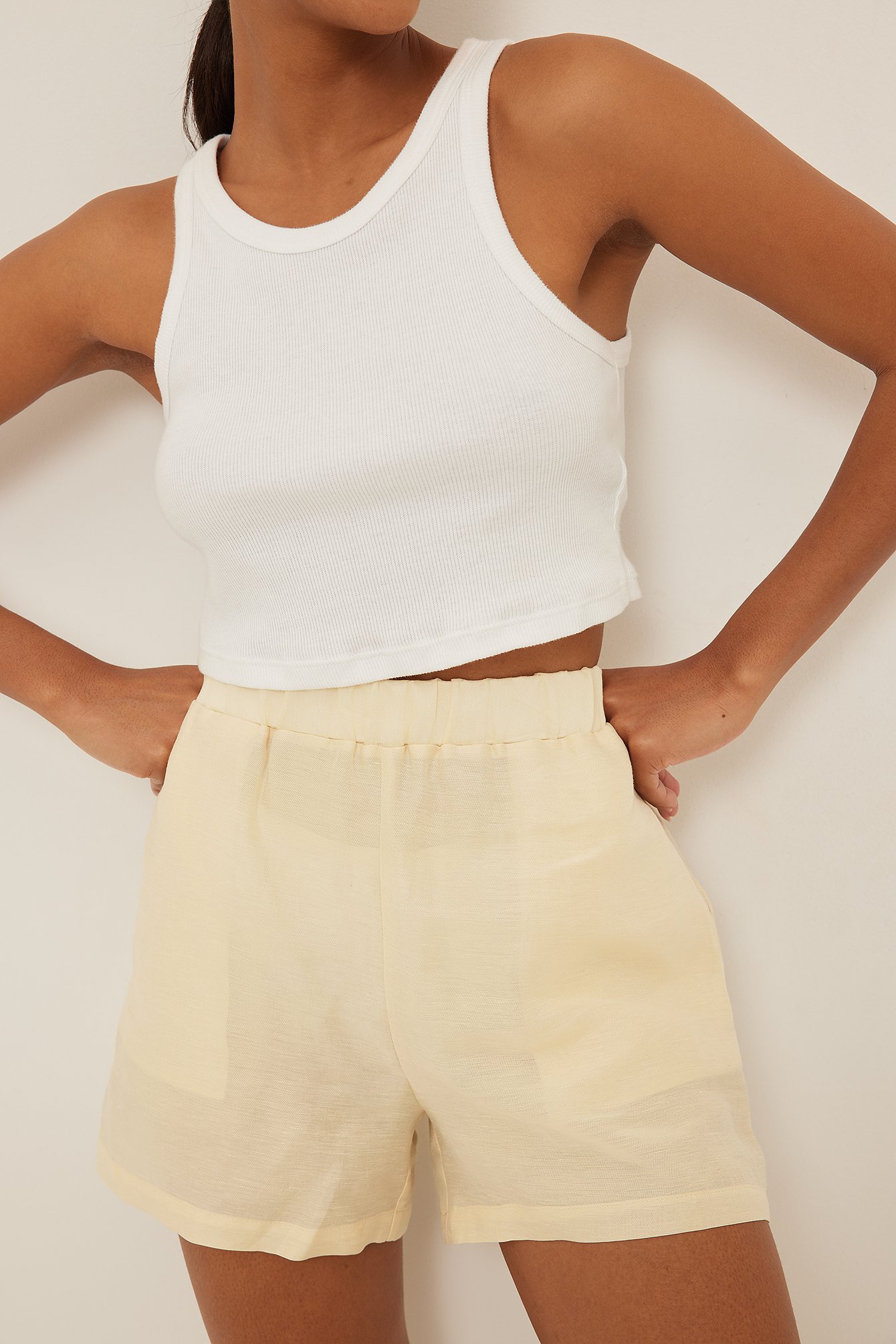 Beige Linen-blend Elastic Waist Shorts