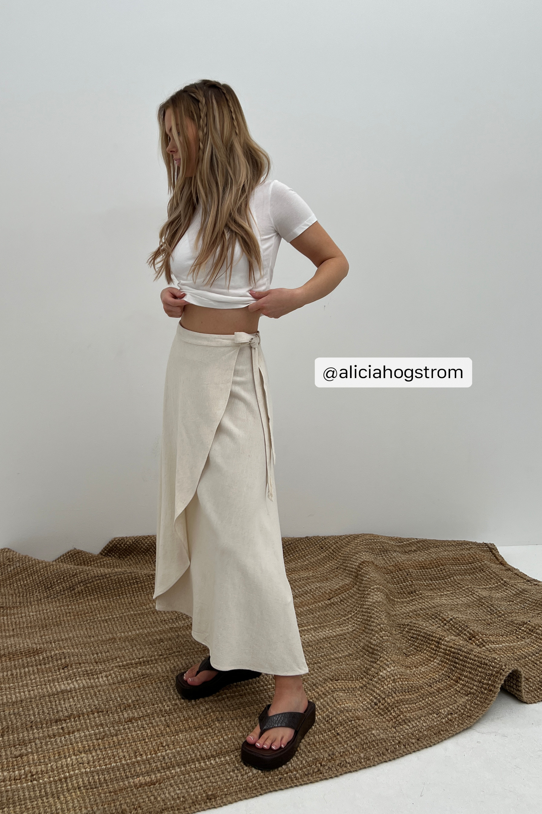 Beige Linen Blend Midi Wrap Skirt