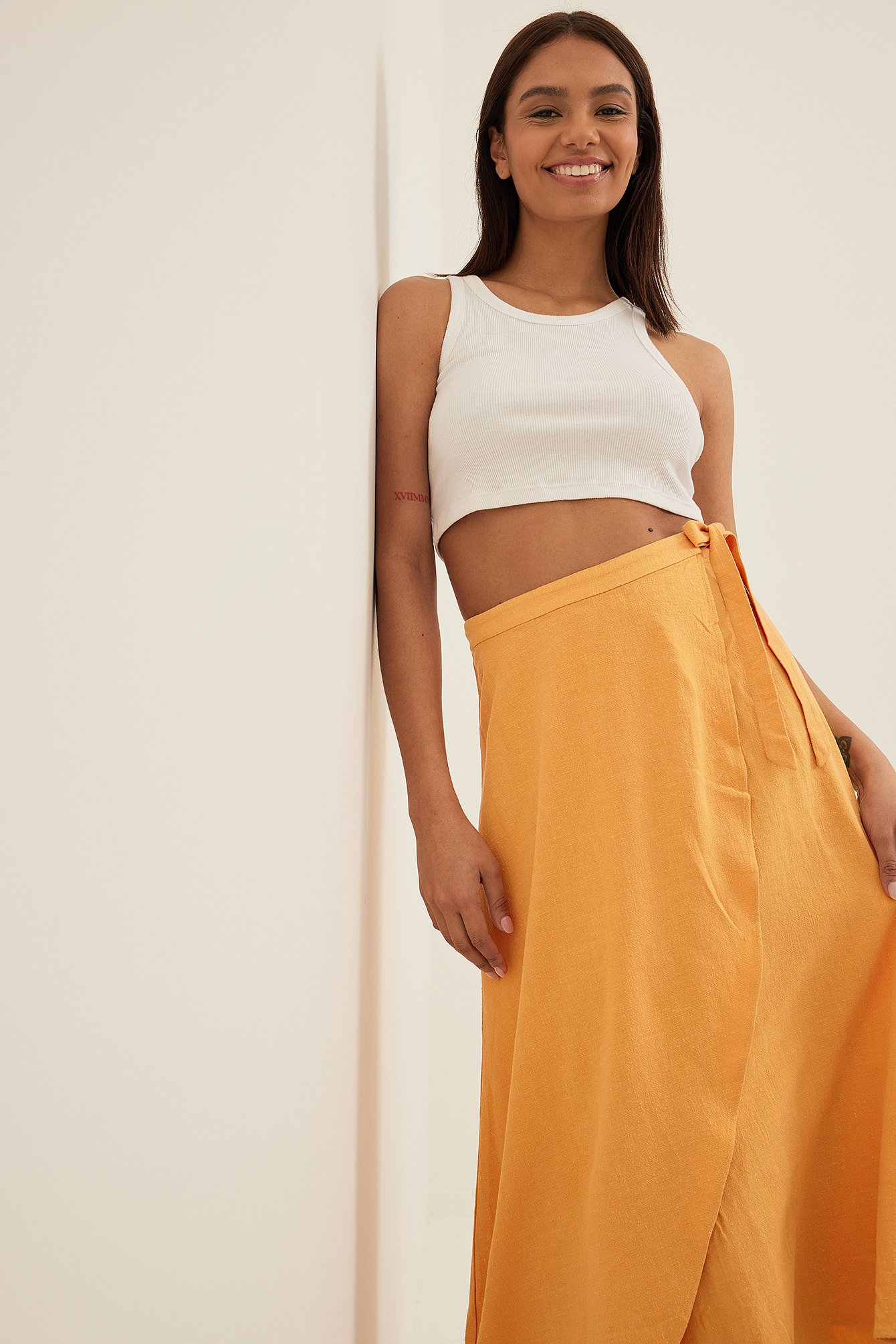 Orange Linen Blend Midi Wrap Skirt