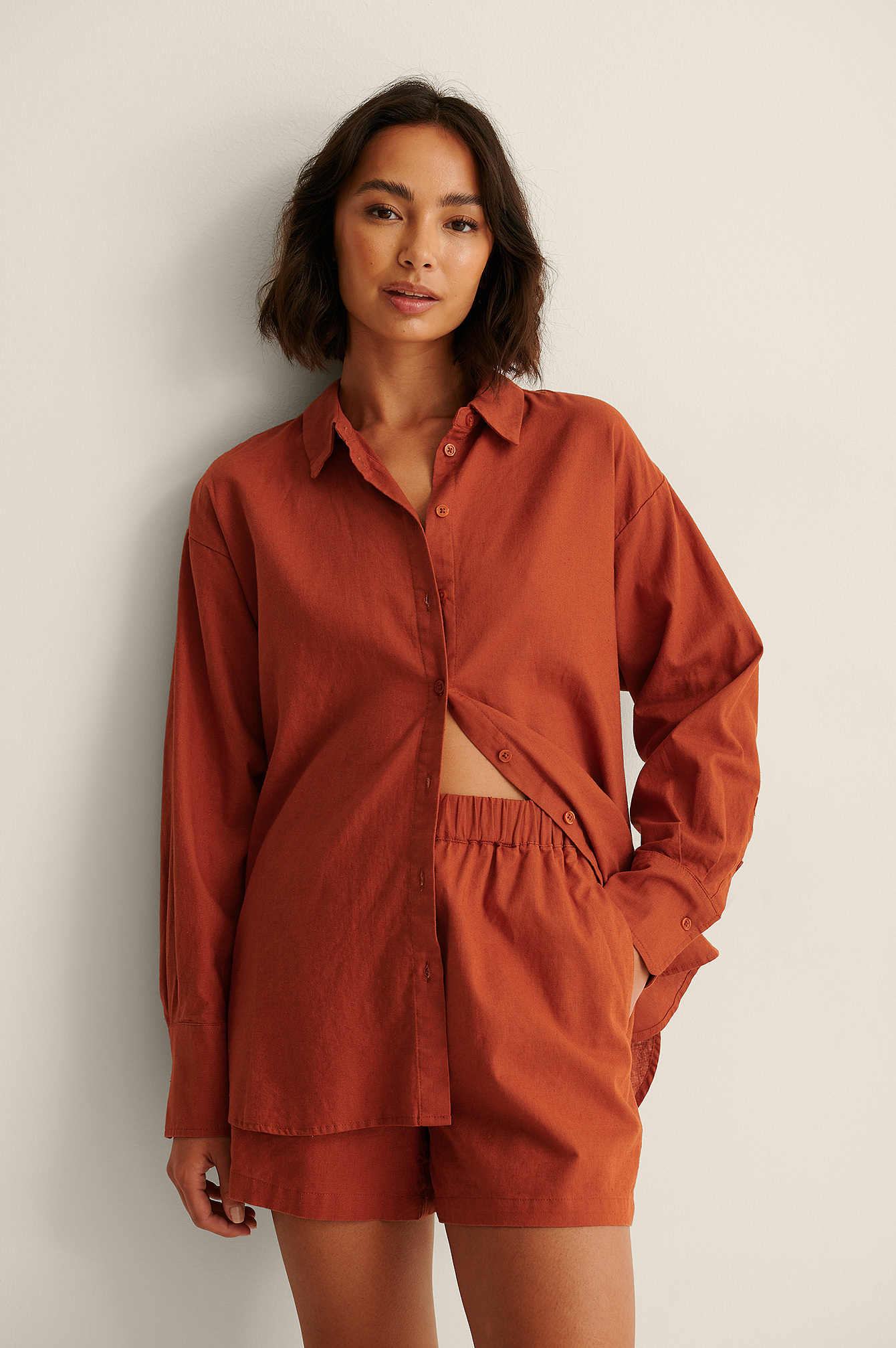 Linen Blend Oversized Shirt Red | na-kd.com