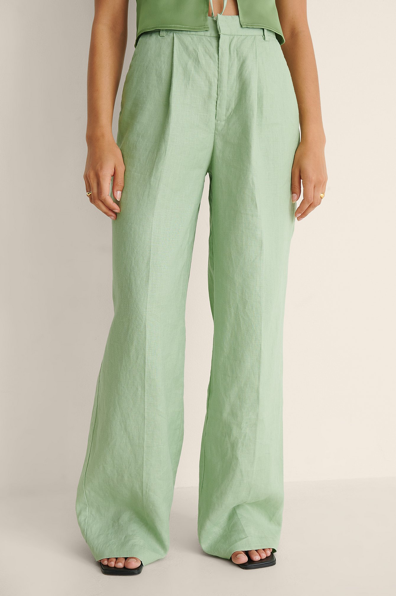 Green Długie Spodnie Garniturowe Z Lnu