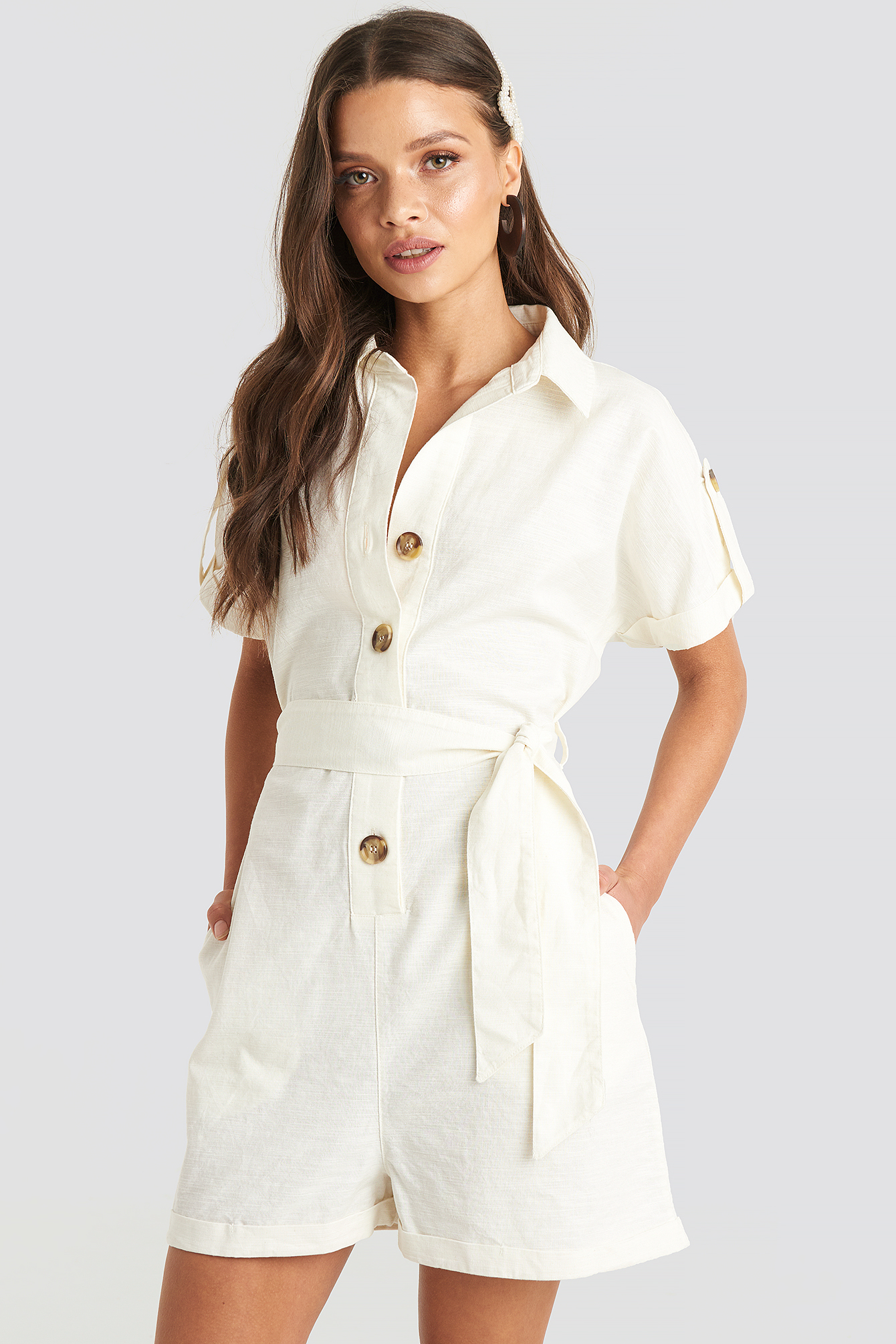 Linen Look Buttoned Playsuit White | na-kd.com