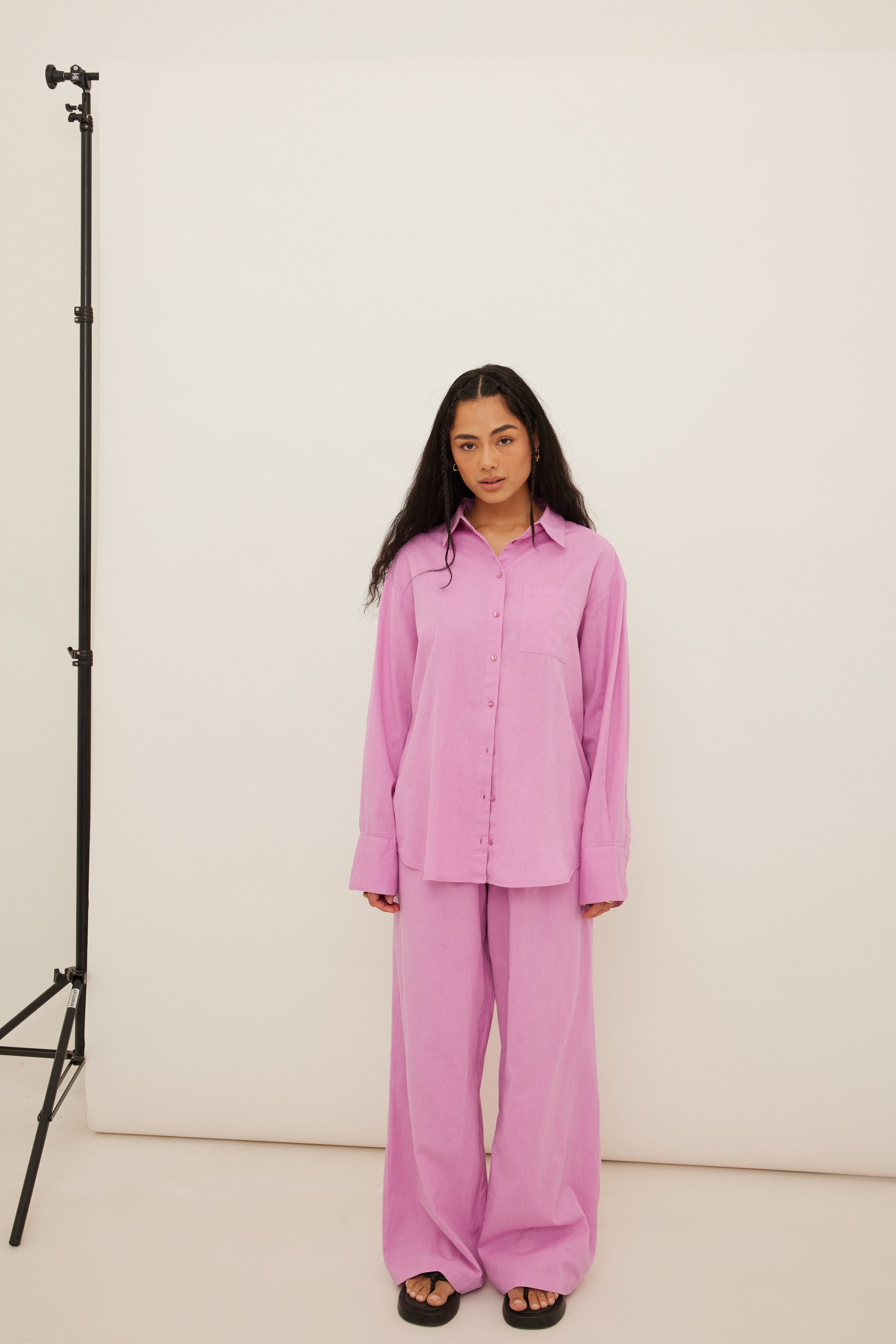 Linen Mix Straight Leg Trousers Pink 