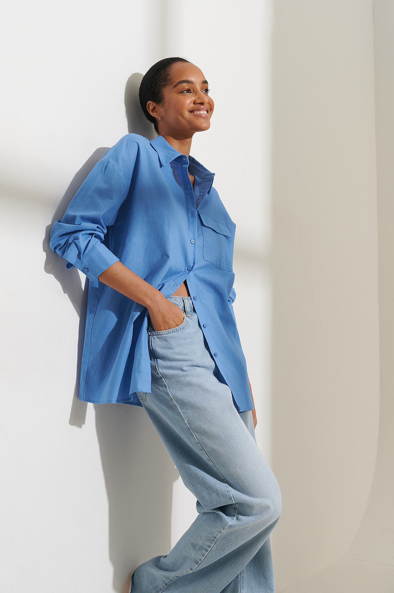 Linen Oversized Shirt Blue | na-kd.com