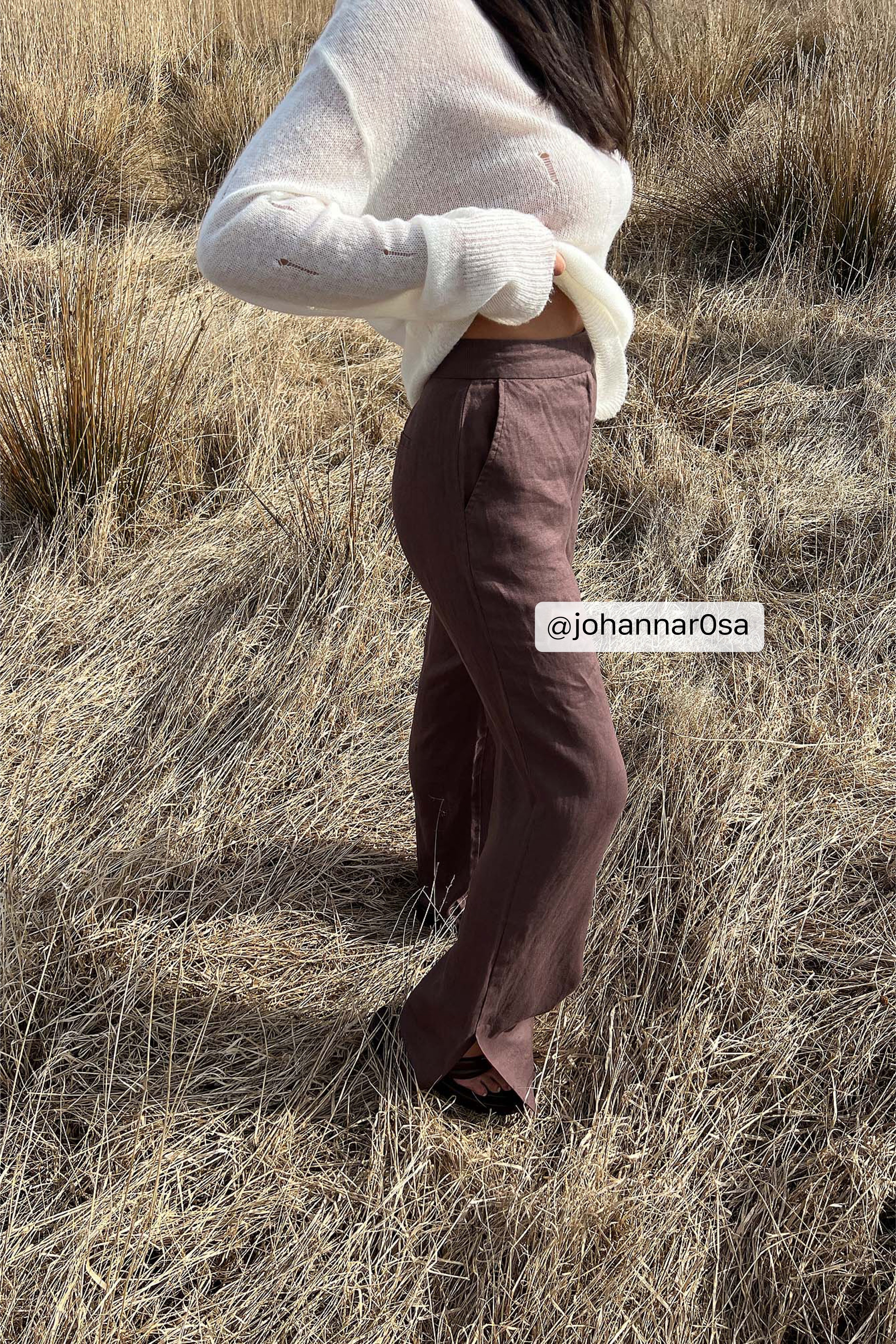 Brown Pantaloni in lino con spacchi laterali