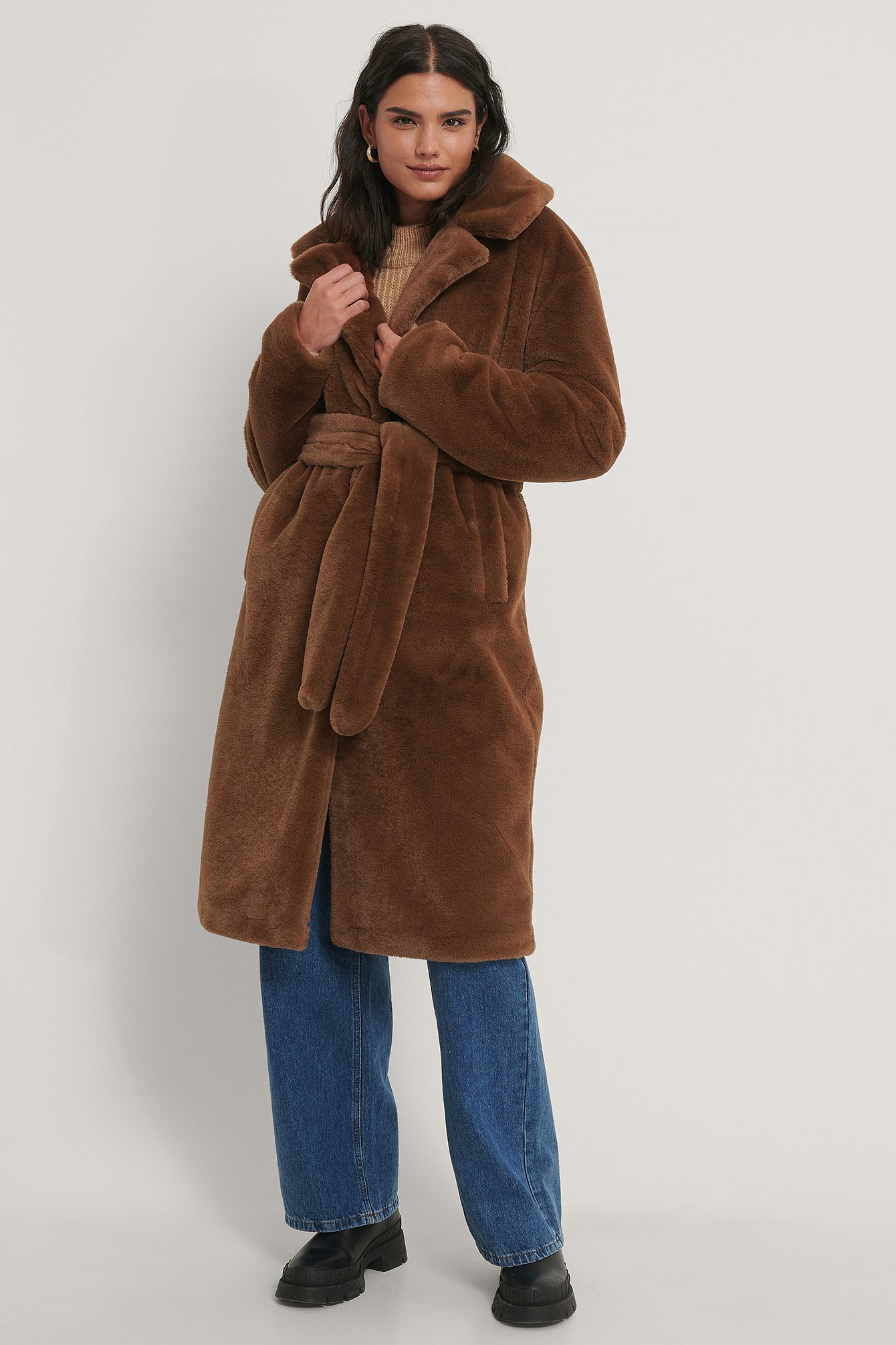 Brown Long Belted Faux Fur Coat