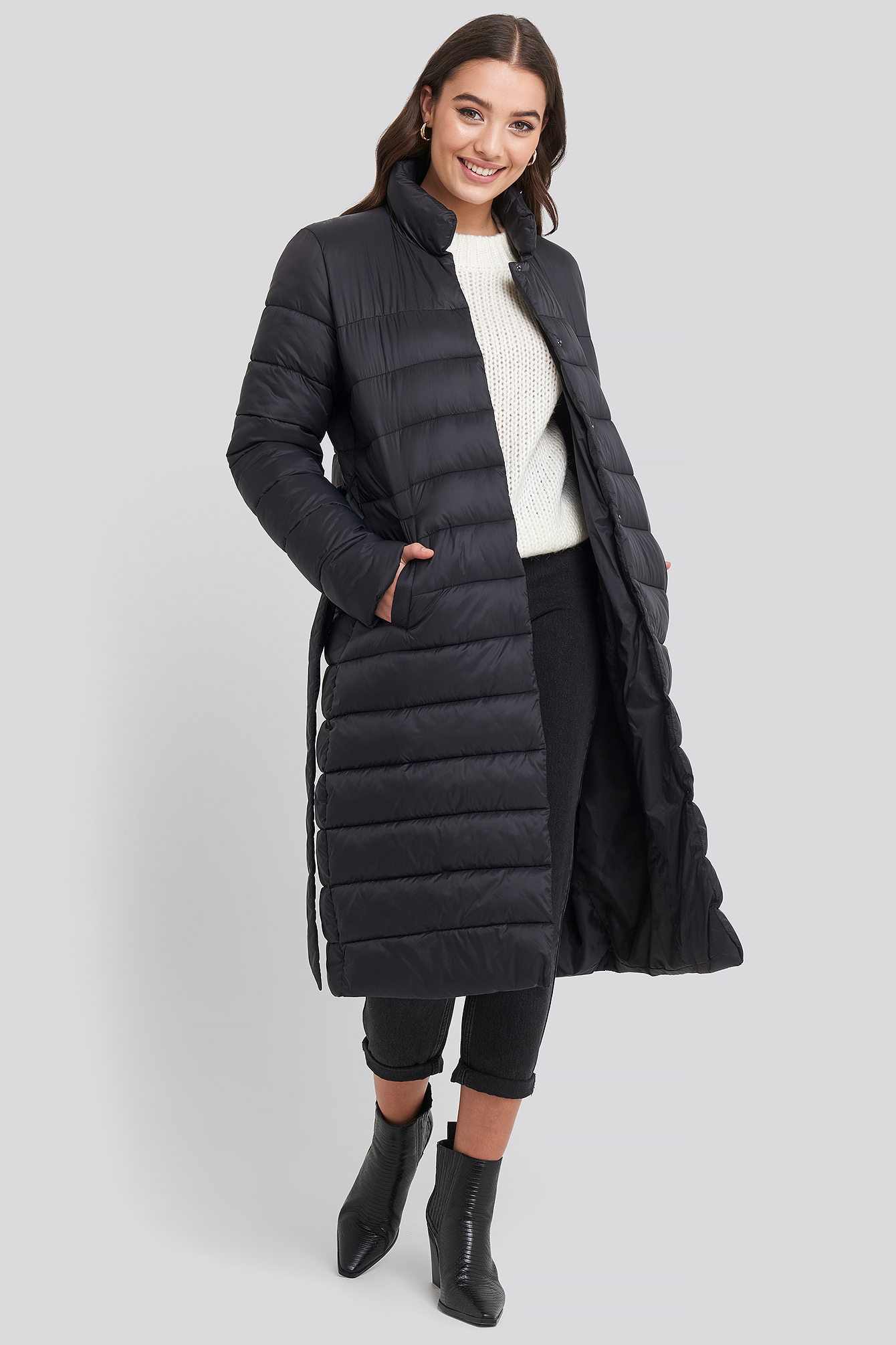Long Belted Padded Jacket Black