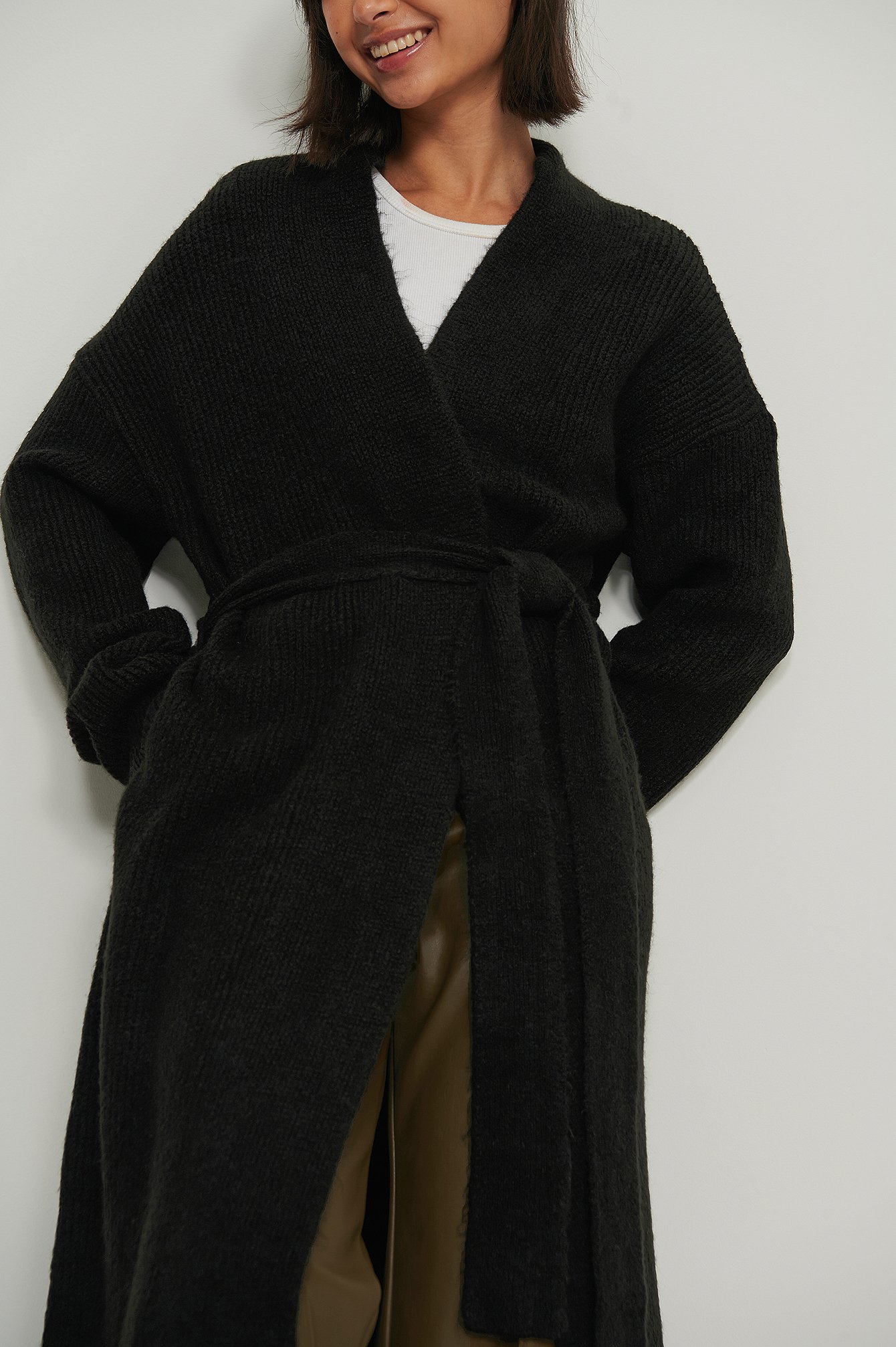Black Long Knitted Wrap Ribbed Cardigan