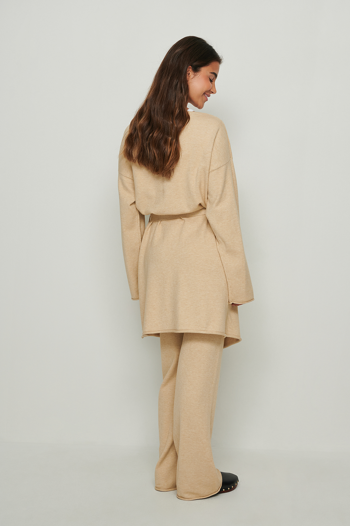 Long Knitted Wrap Cardigan Beige | na 