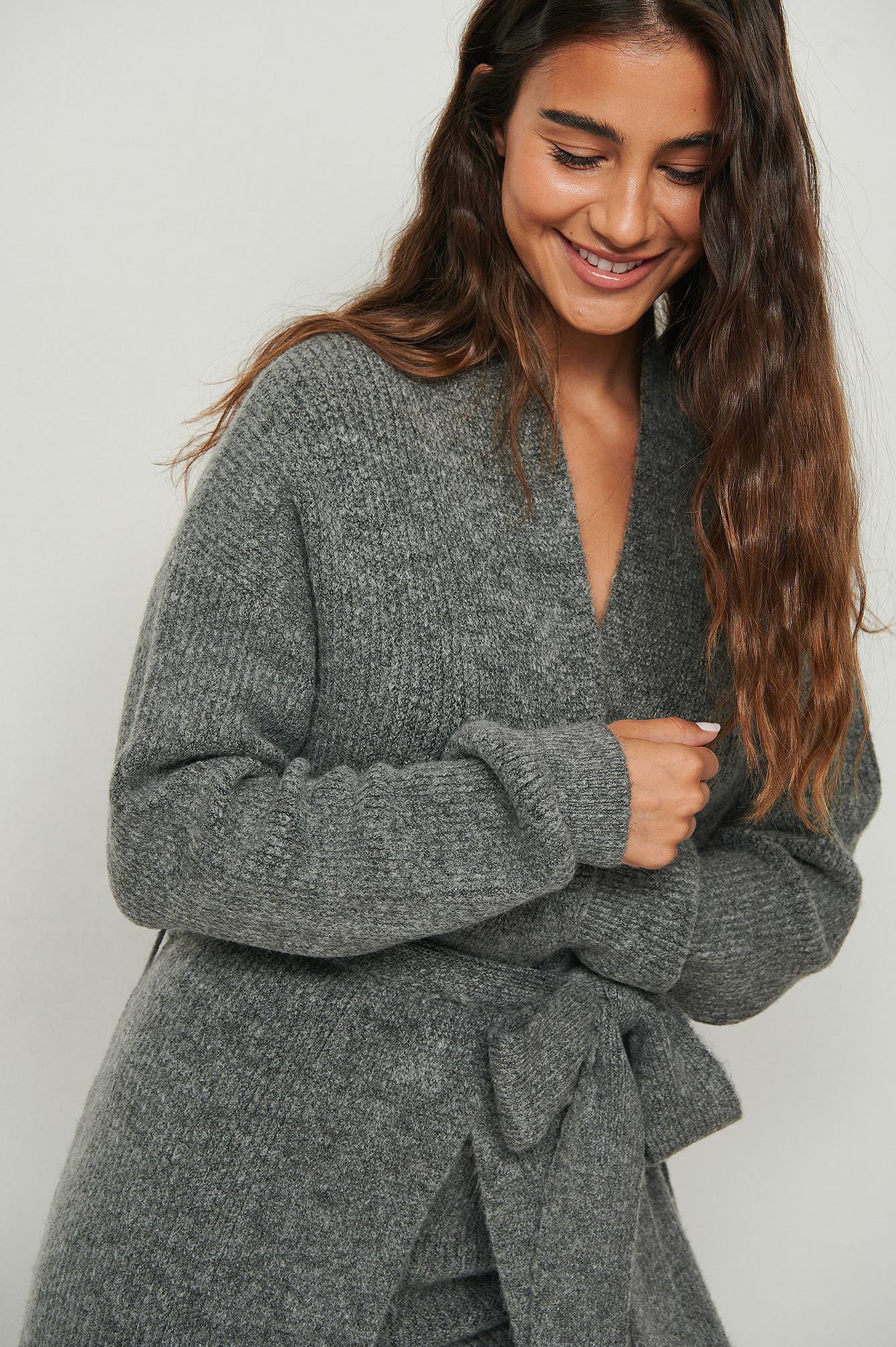 Long Knitted Wrap Ribbed Cardigan Grey 