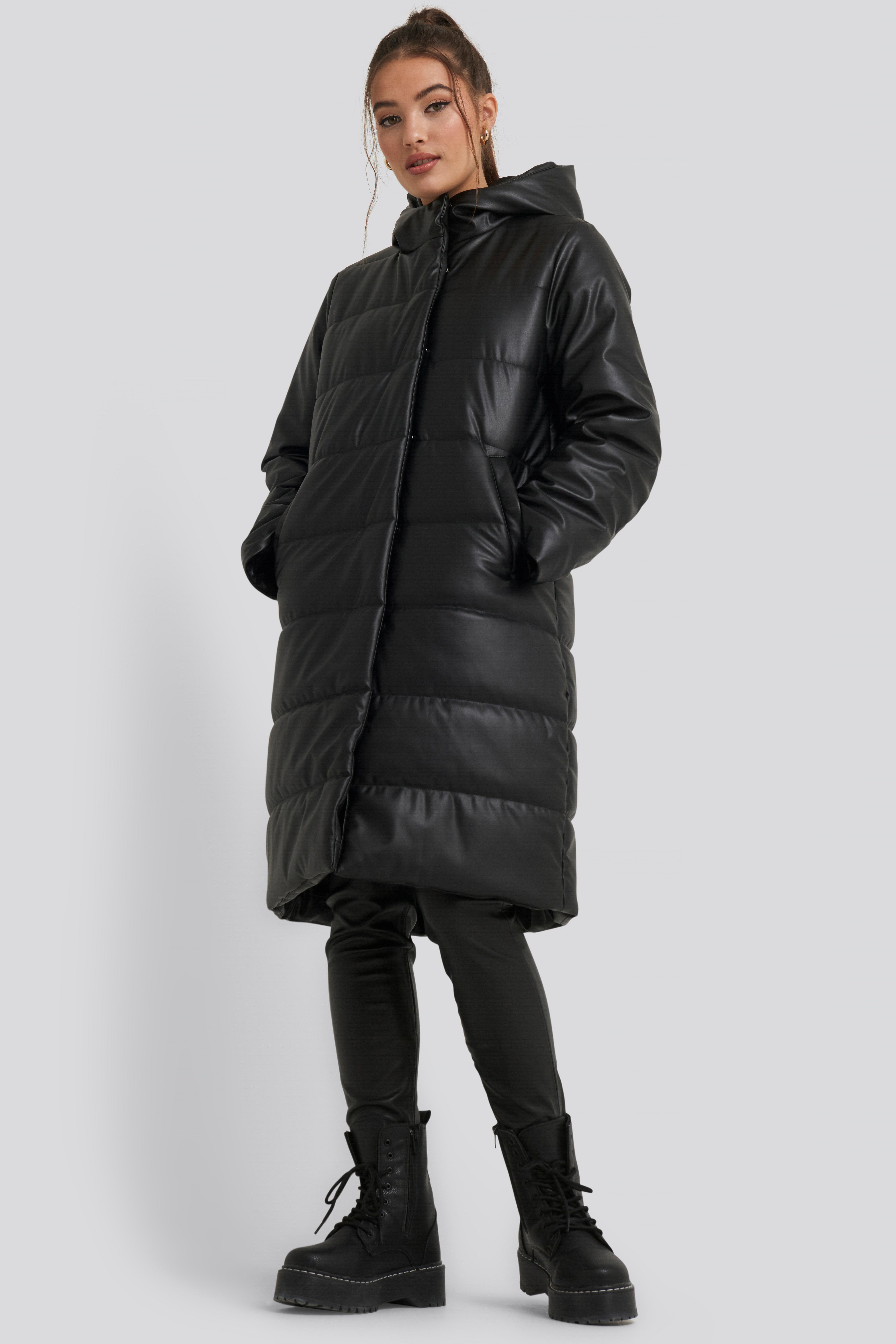 Long PU Padded Jacket Black