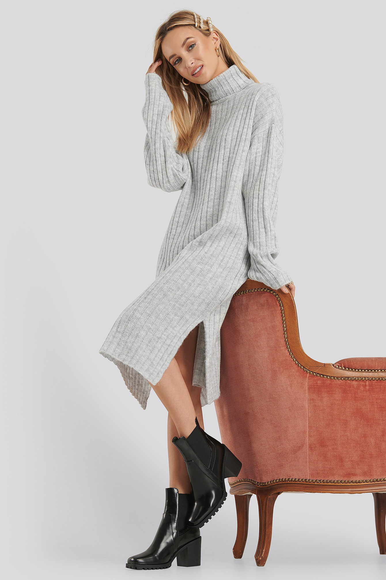 Long Rib Knitted Polo Dress Grey Melange
