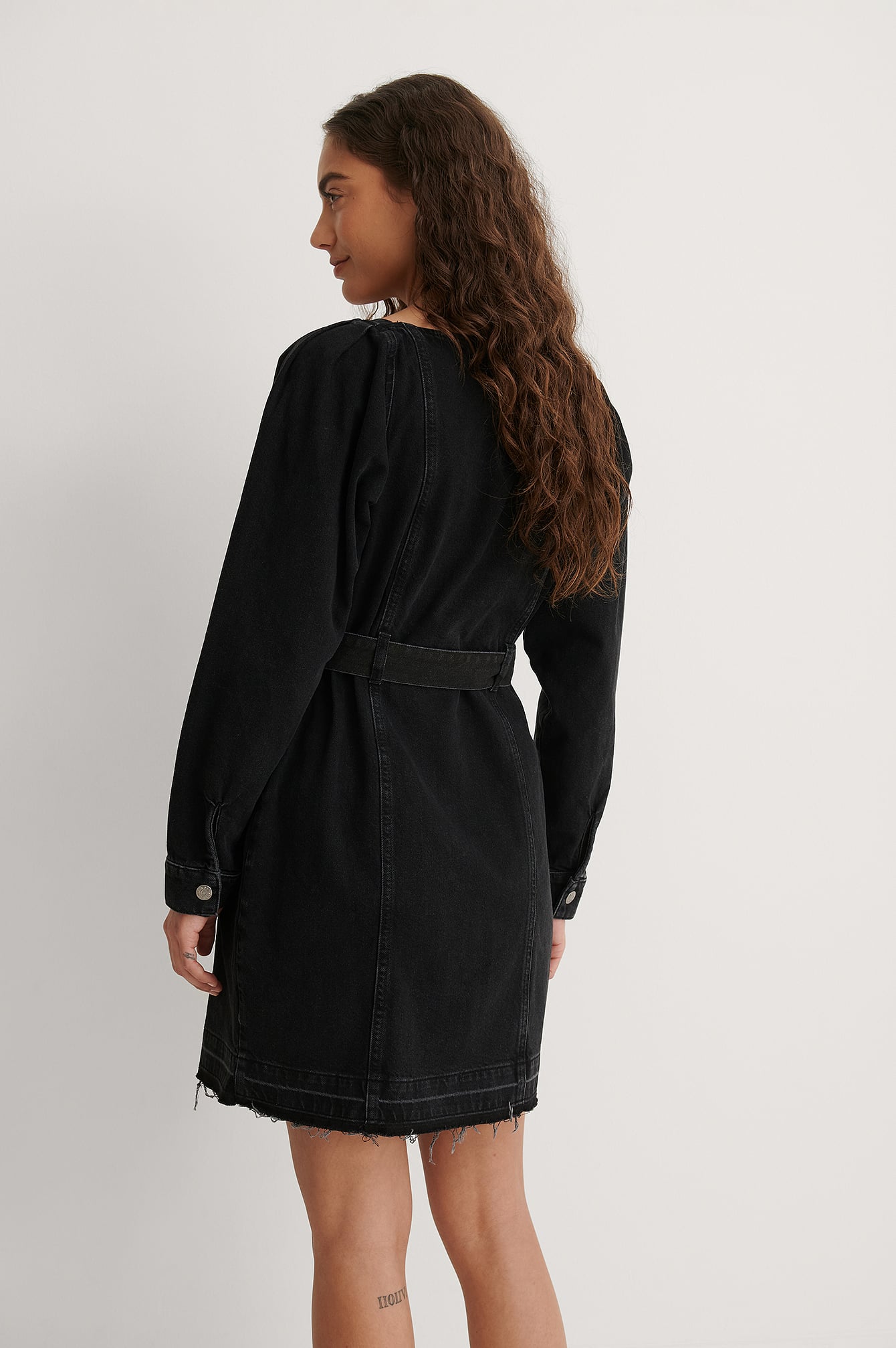 Long Sleeve Belted Denim Dress Black 