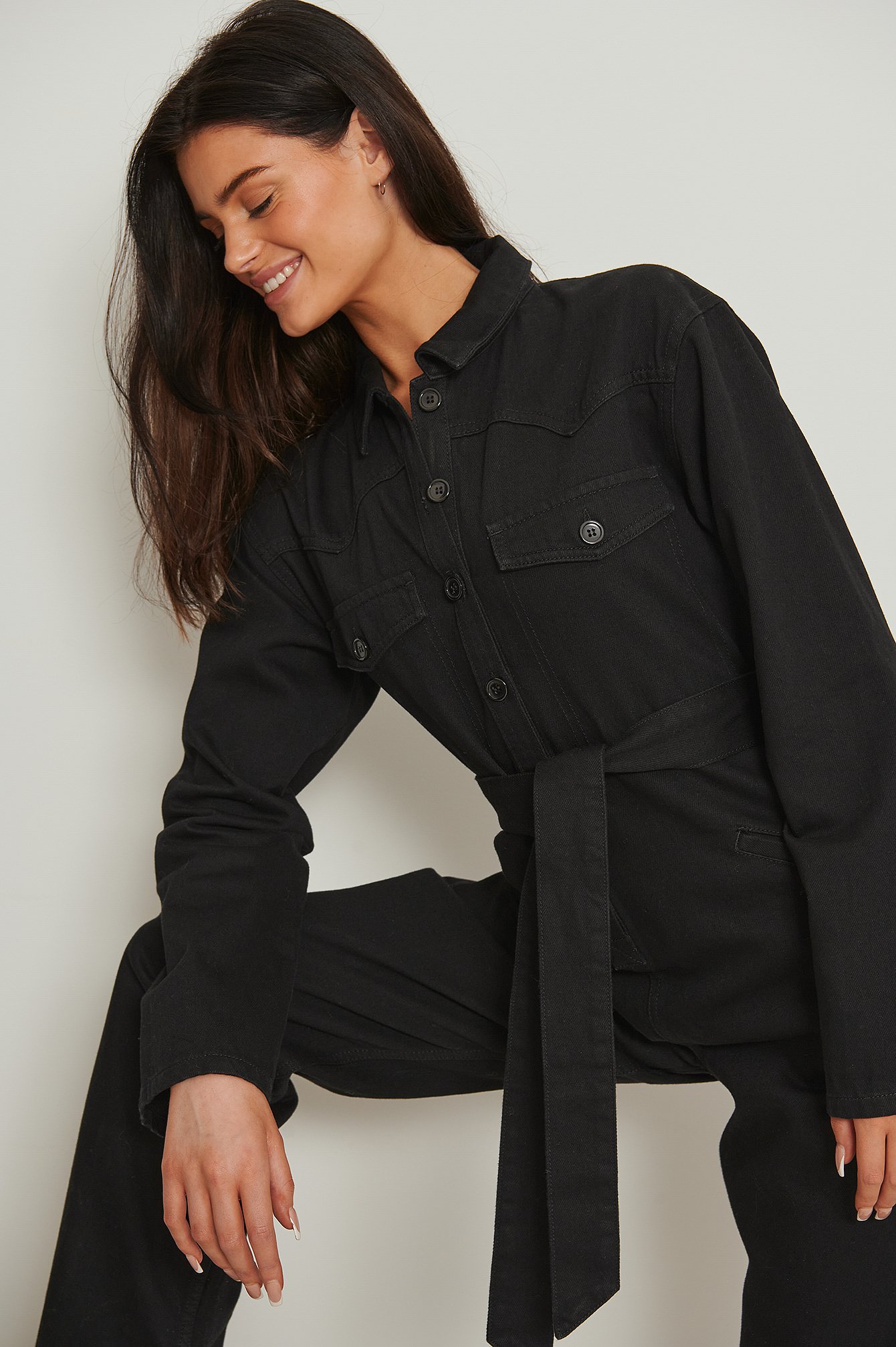 ASOS DESIGN stretch denim jumpsuit in black with long sleeves | ASOS