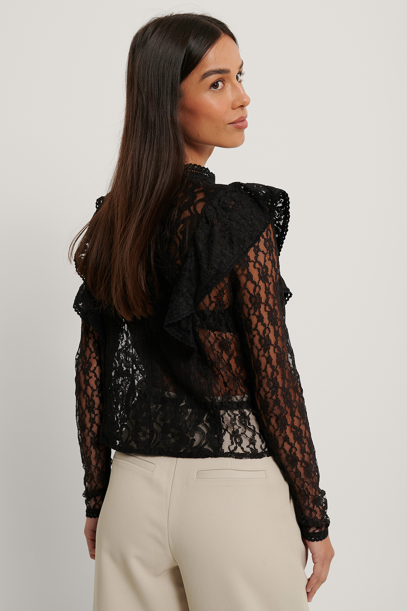 Long Sleeve Flounce Shoulder Lace Top 