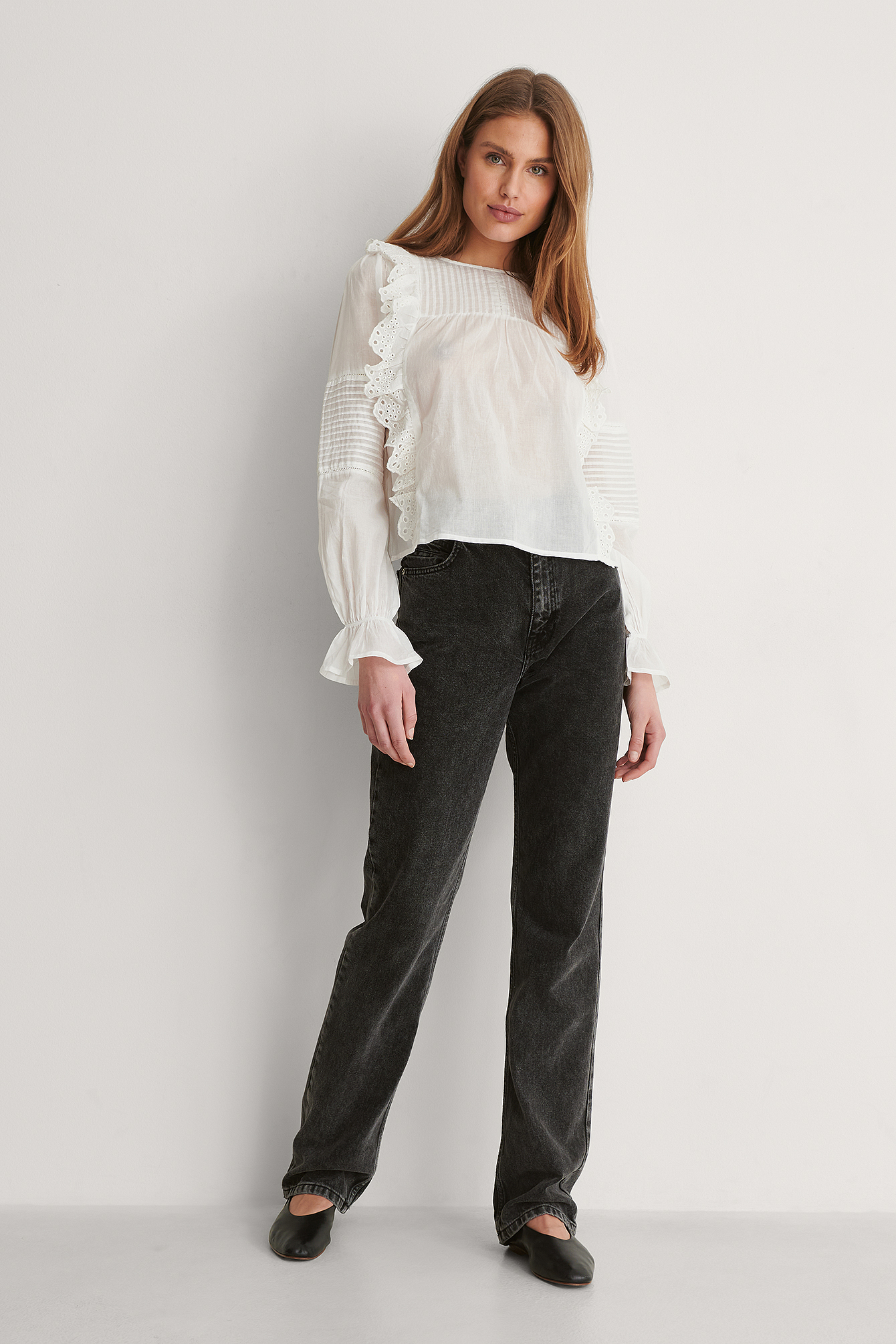 Long Sleeve Frill Cotton Blouse White 