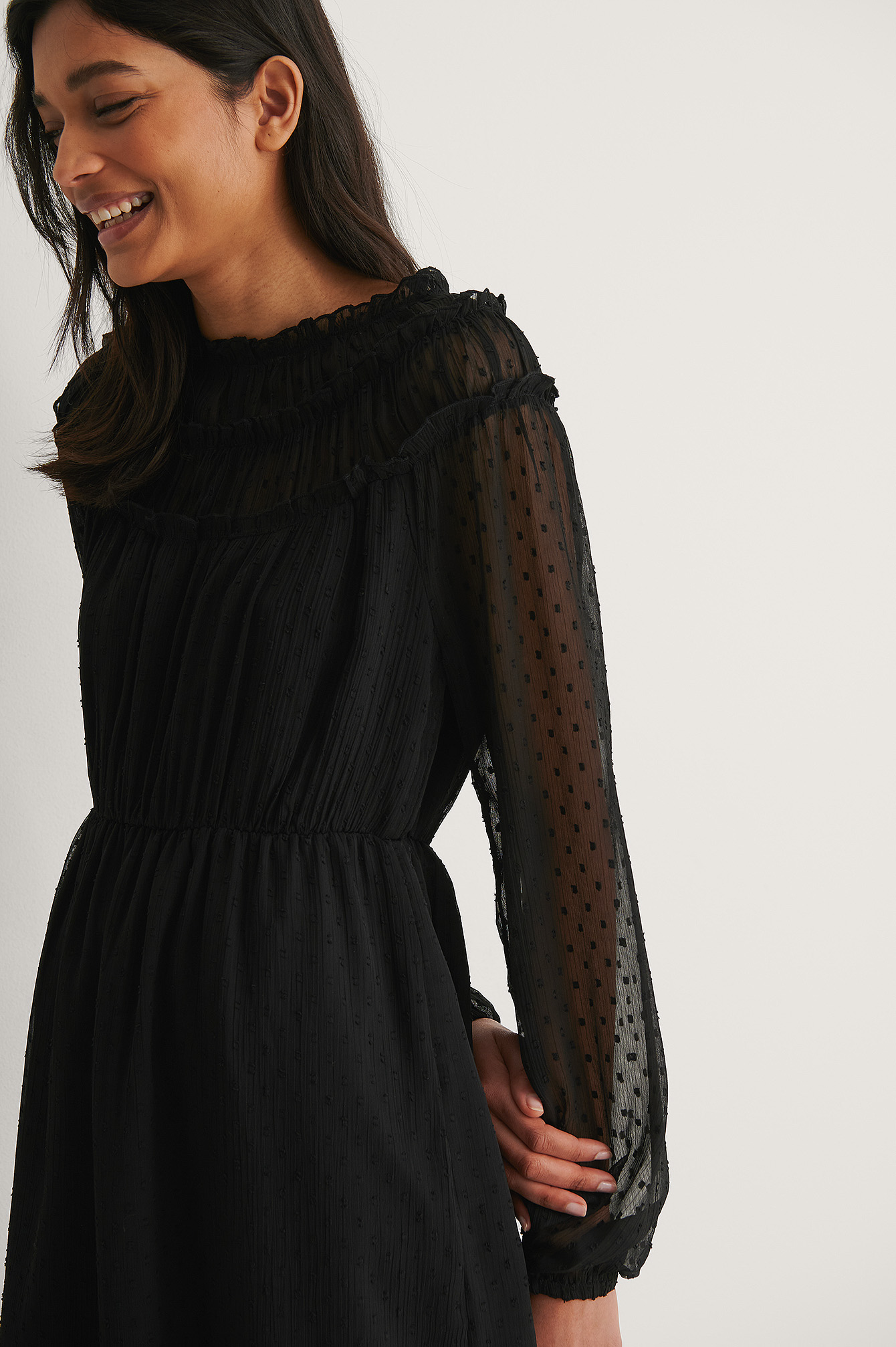 Long Sleeve Frill Dobby Dress Black 