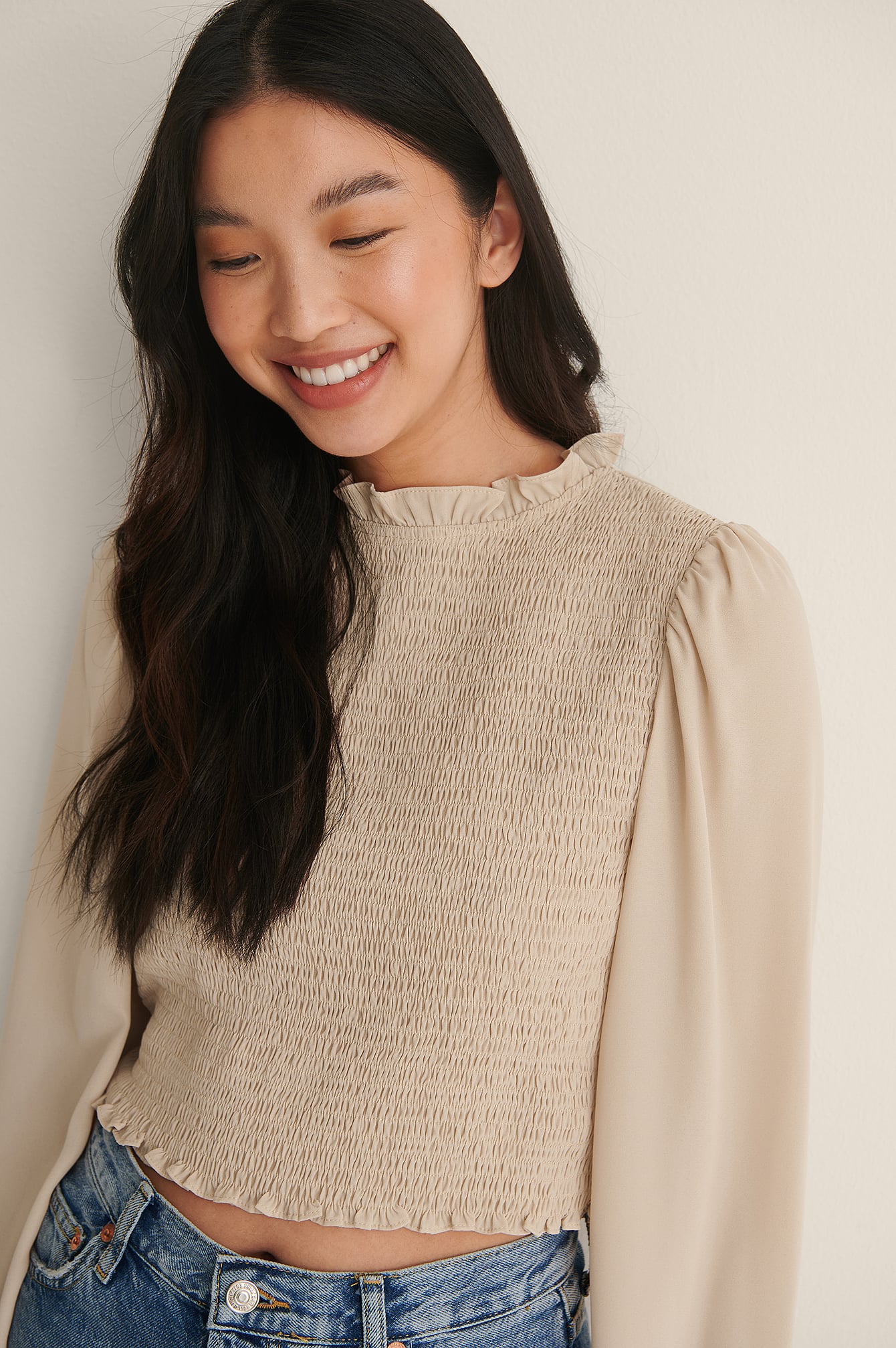 Long Sleeve Frill Neck Blouse Beige 