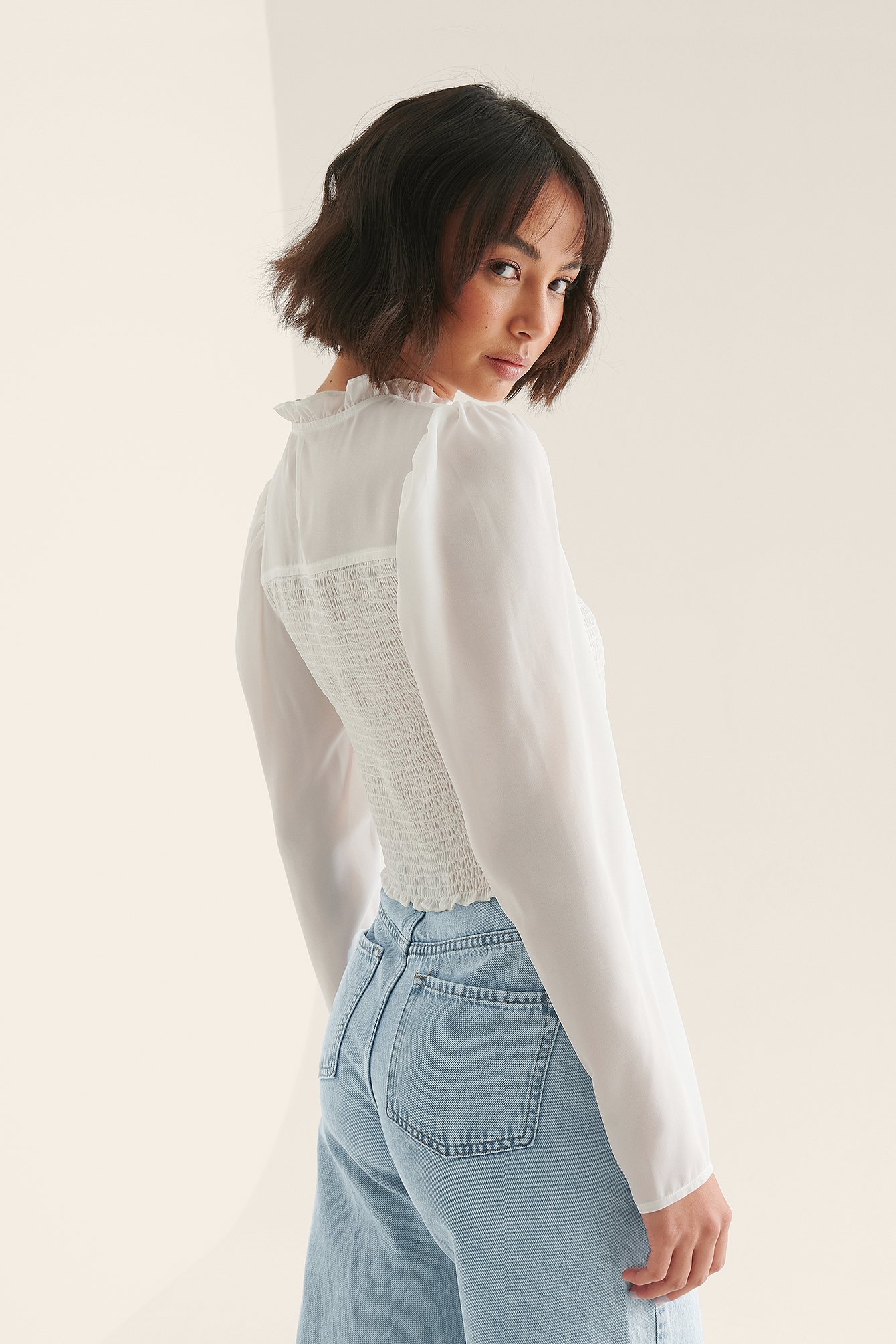 White Recycled Long Sleeve Frill Neck Blouse
