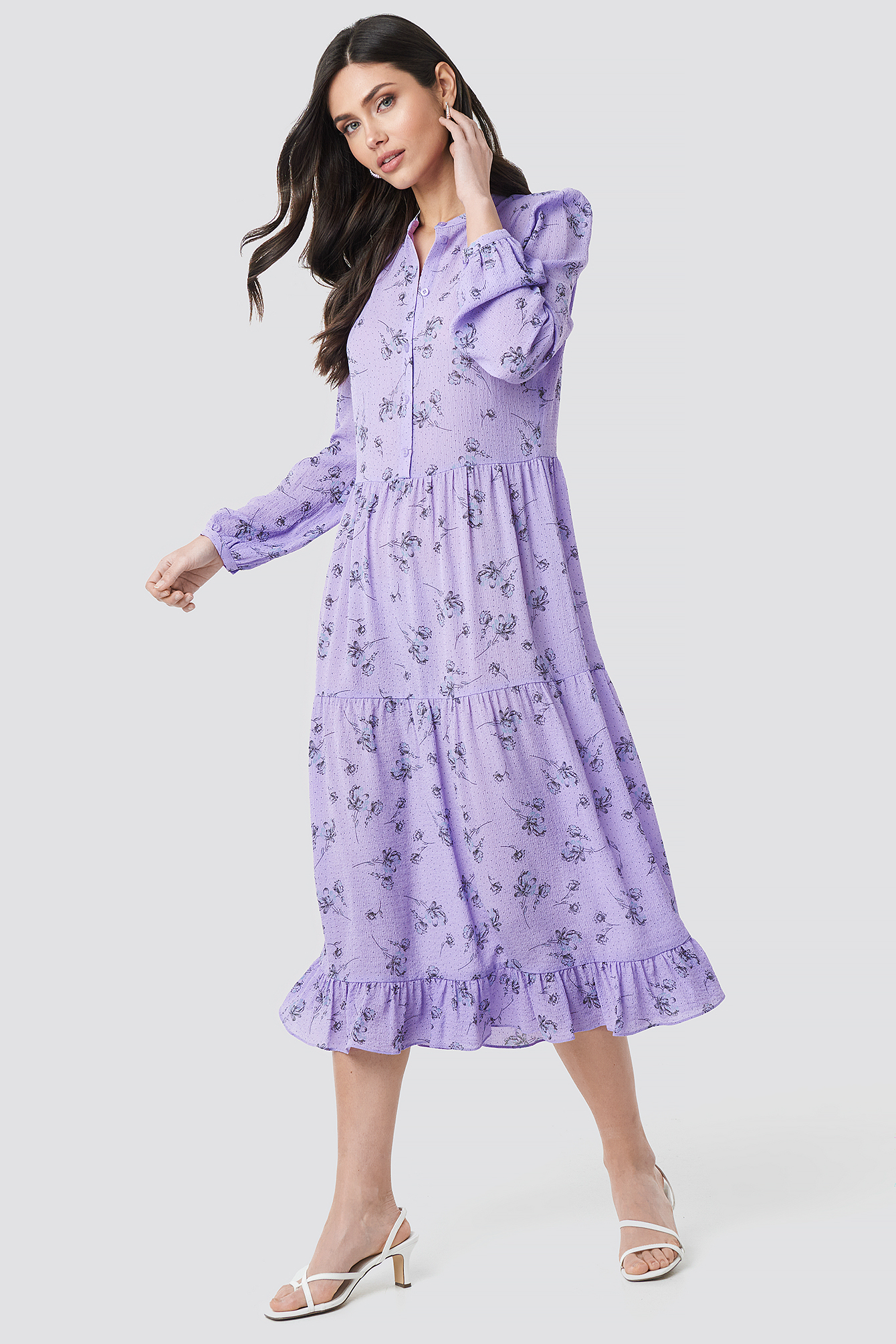 Long Sleeve Front Button Ankle Dress Purple | na-kd.com