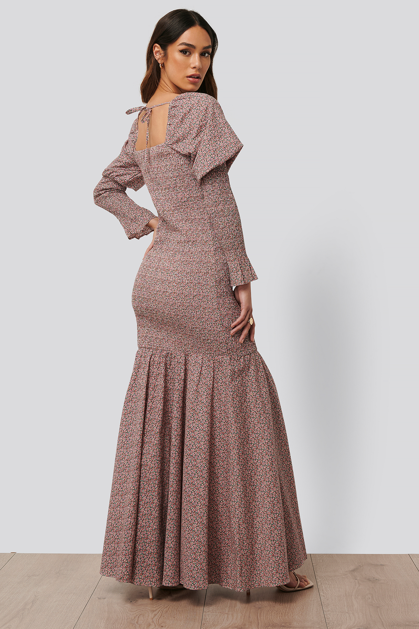 Long Sleeve Gathered Maxi Dress Pink 