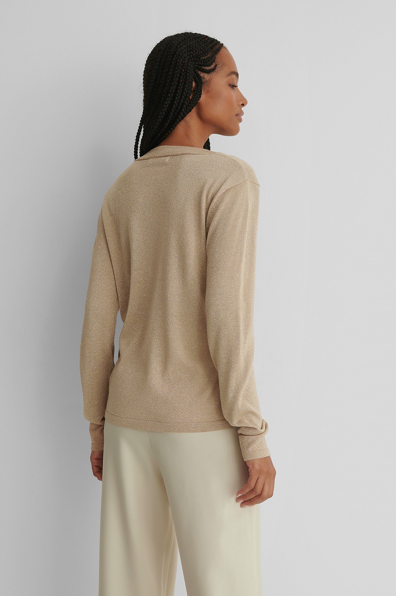 Beige Long Sleeve Glitter Knitted Sweater