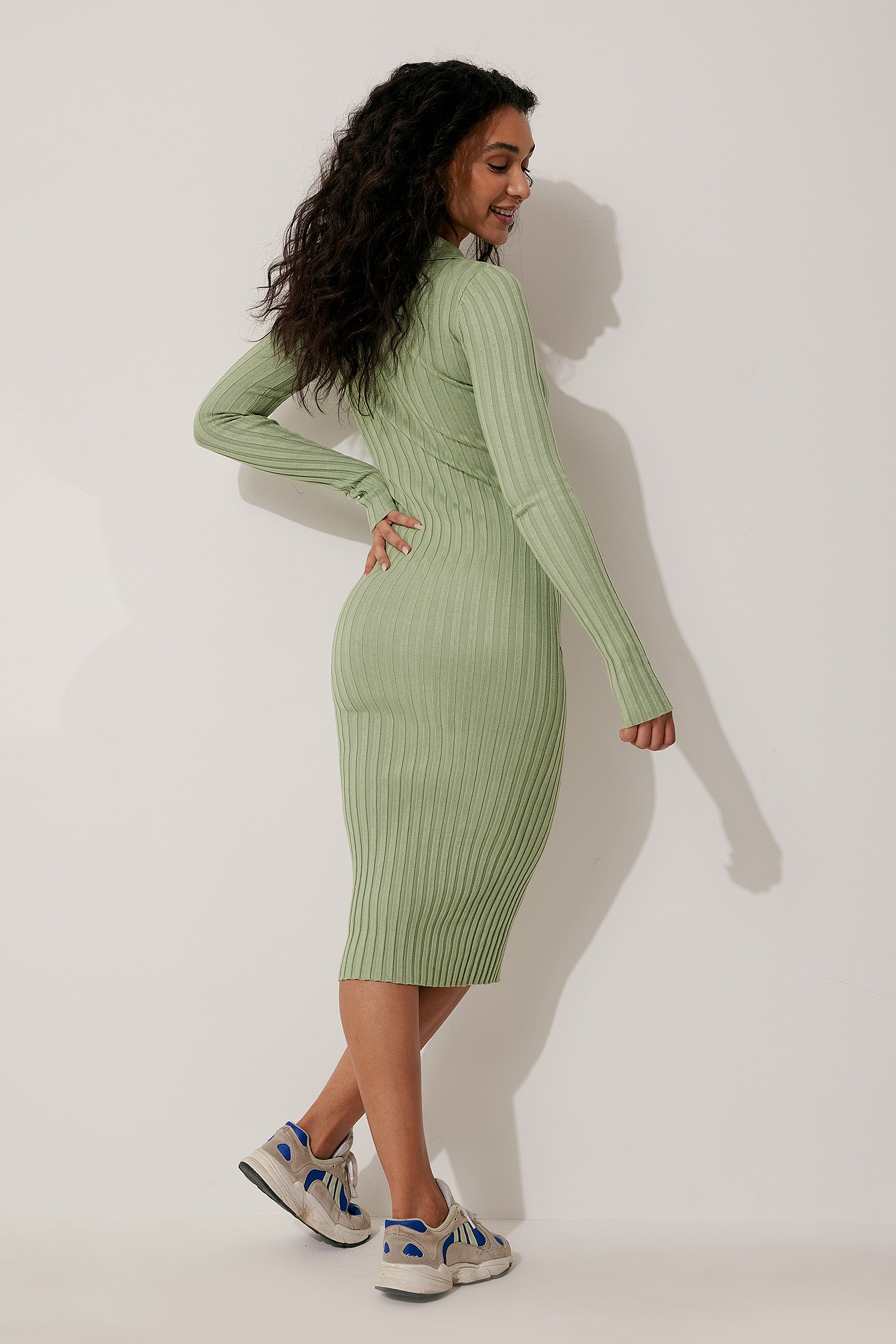 Khaki Green Long Sleeve Knitted Midi Dress