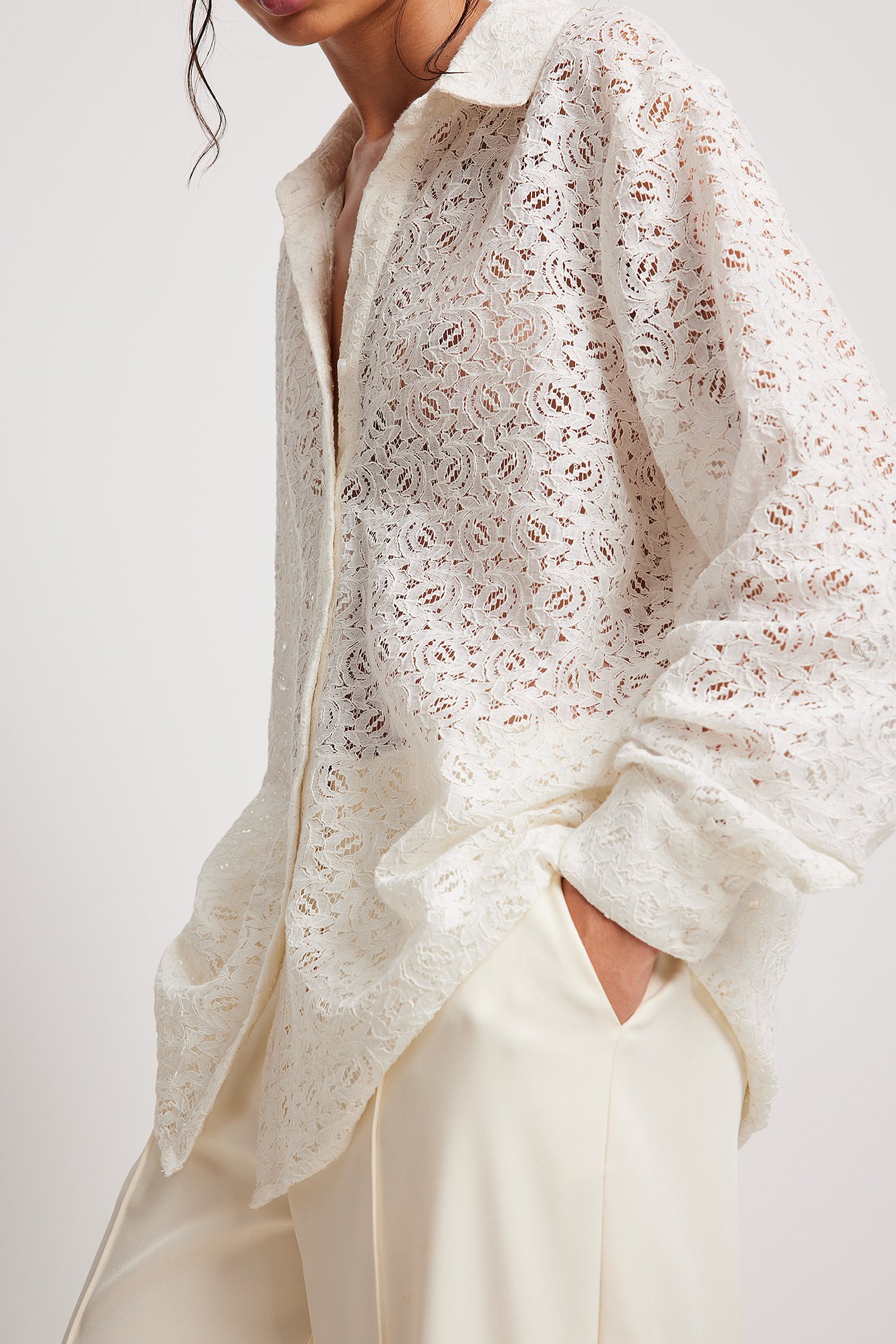 na-kd trend long sleeve lace buttoned shirt - offwhite