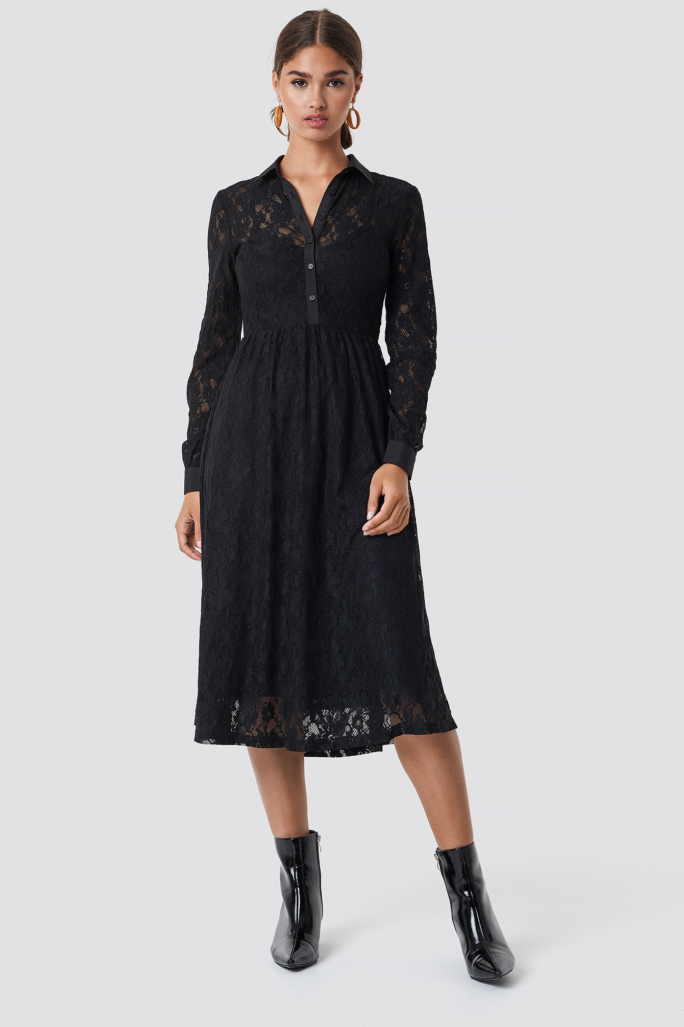 Long Sleeve Lace Midi Dress Black