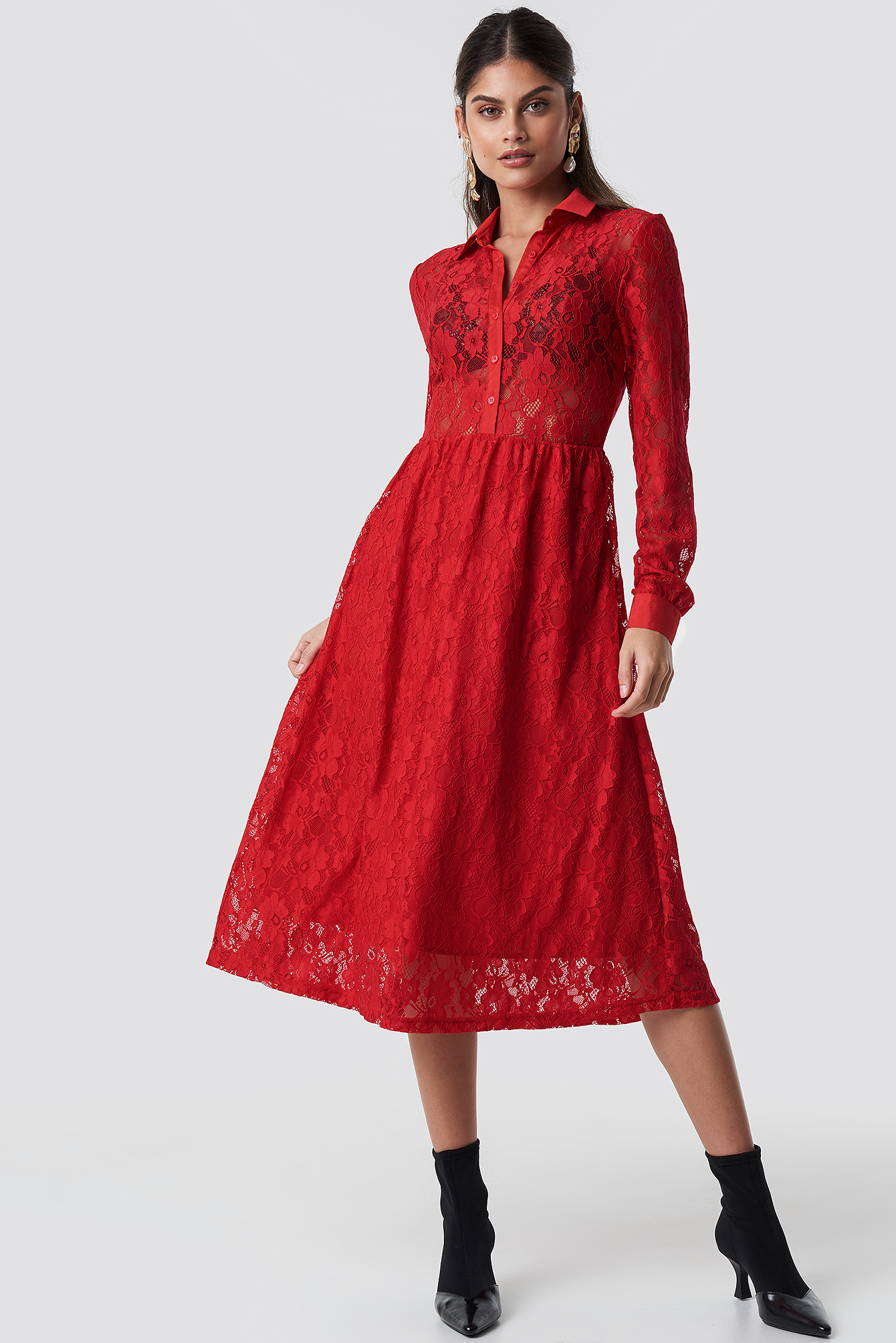 Long Sleeve Lace Midi Dress Red