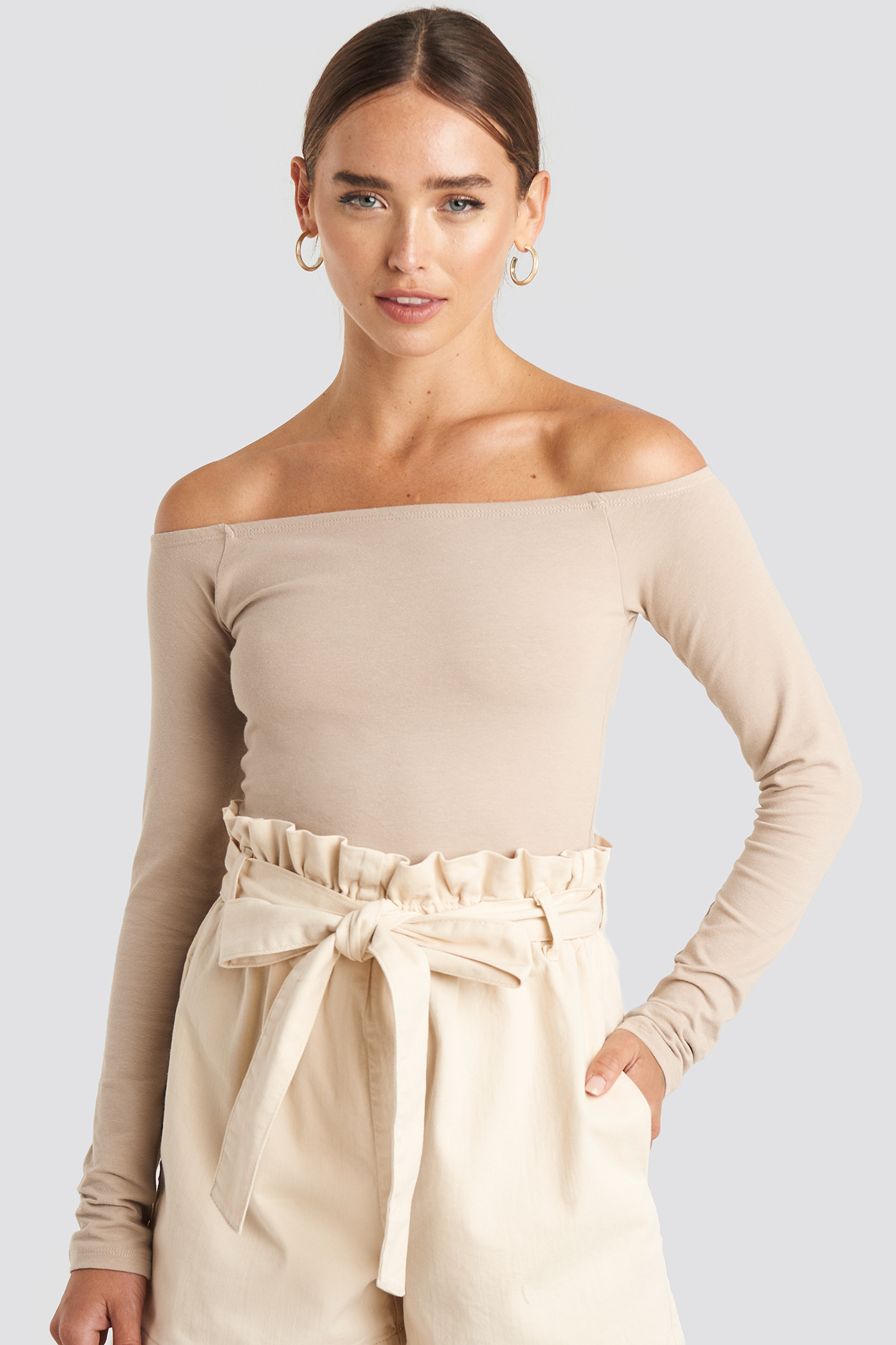 Long Sleeve Off Shoulder Top Beige