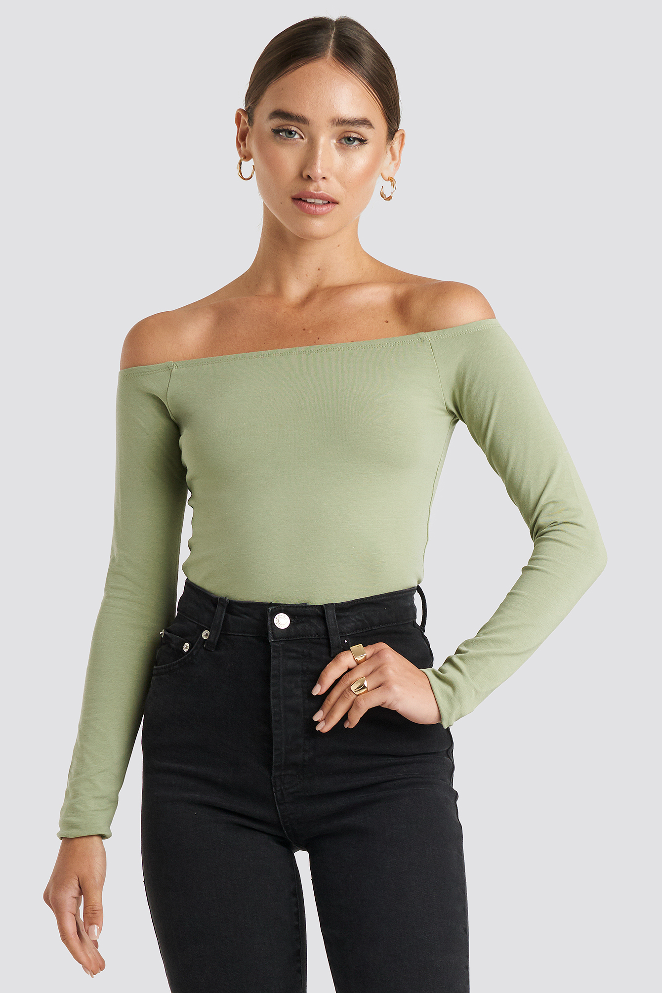 Long Sleeve Off Shoulder Top Khaki